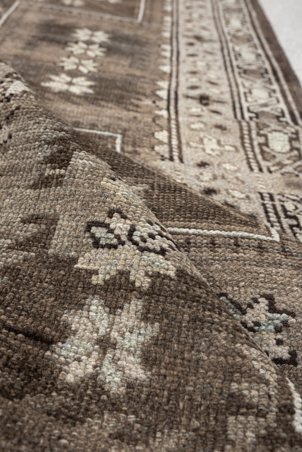 3' x 10' one-of-a-kind handmade antique NW Persian runner rug. Color palette: taupe, brown, ivory, blue gray, charcoal
