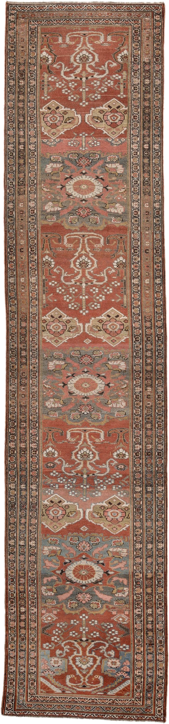 3' x 15' one-of-a-kind handmade antique NW Persian runner rug. Color palette: terracotta, ivory, charcoal, slate blue, camel