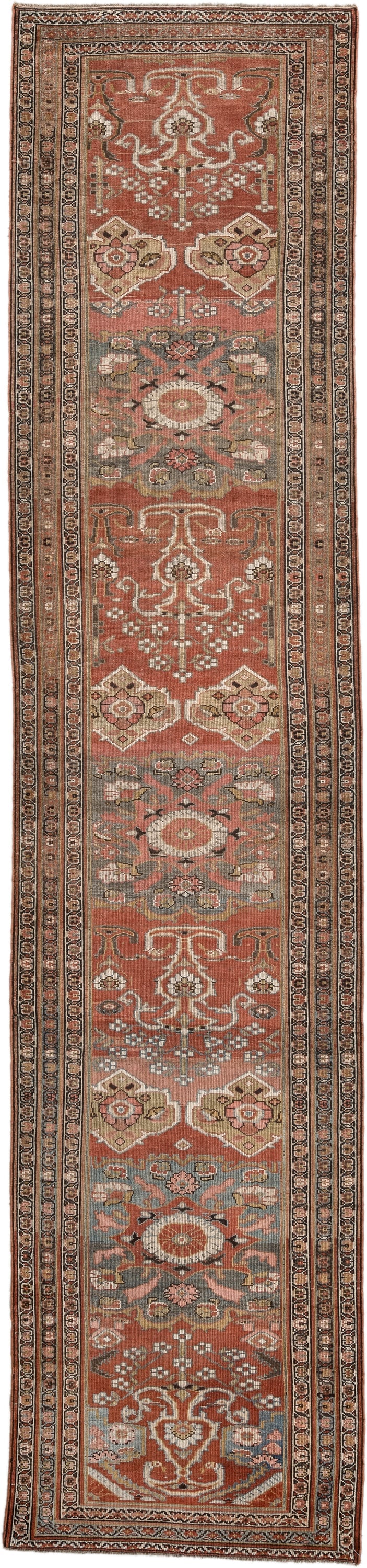 3' x 15' one-of-a-kind handmade antique NW Persian runner rug. Color palette: terracotta, ivory, charcoal, slate blue, camel