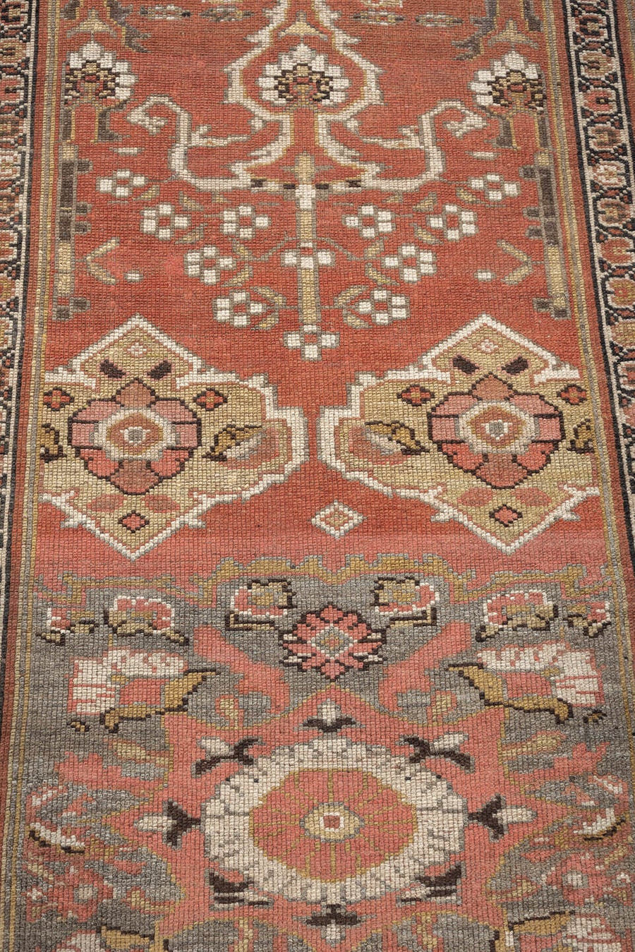 3' x 15' one-of-a-kind handmade antique NW Persian runner rug. Color palette: terracotta, ivory, charcoal, slate blue, camel