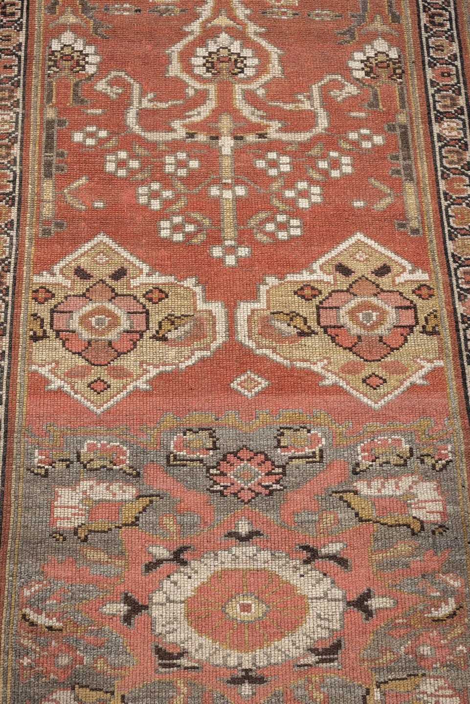 3' x 15' one-of-a-kind handmade antique NW Persian runner rug. Color palette: terracotta, ivory, charcoal, slate blue, camel