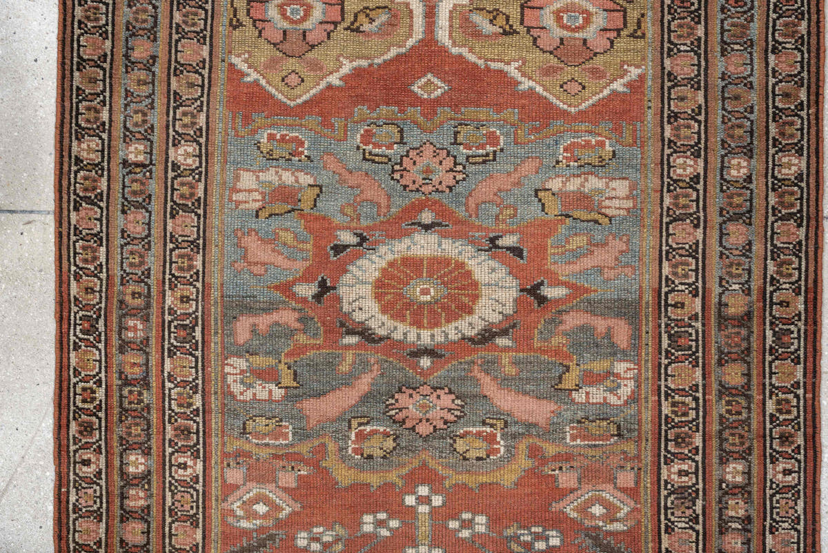 3' x 15' one-of-a-kind handmade antique NW Persian runner rug. Color palette: terracotta, ivory, charcoal, slate blue, camel