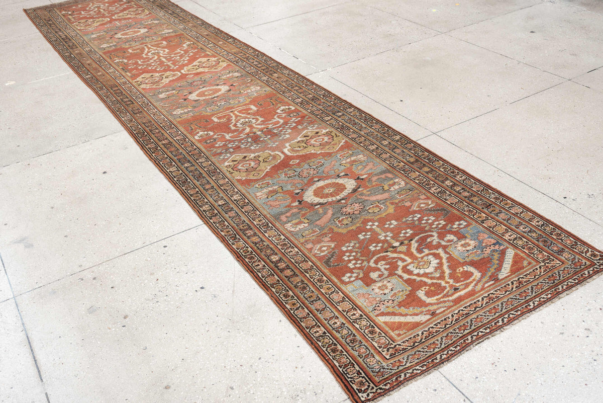 3' x 15' one-of-a-kind handmade antique NW Persian runner rug. Color palette: terracotta, ivory, charcoal, slate blue, camel