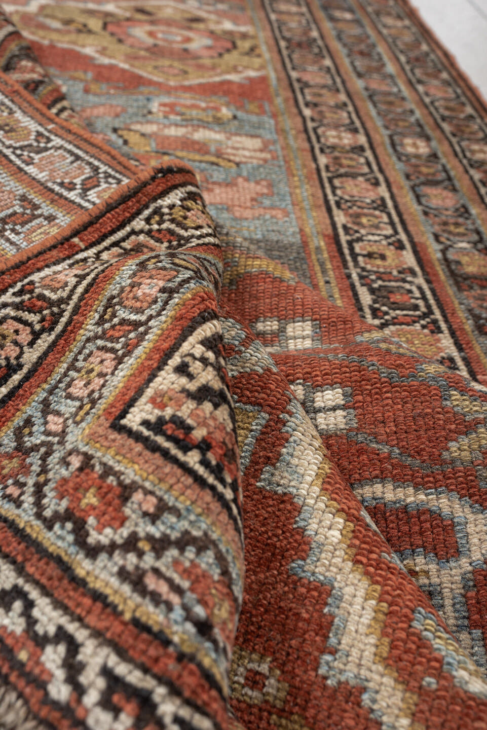 3' x 15' one-of-a-kind handmade antique NW Persian runner rug. Color palette: terracotta, ivory, charcoal, slate blue, camel