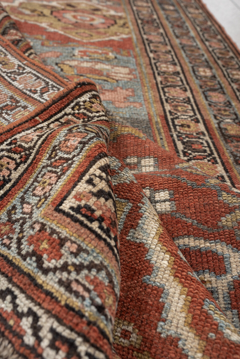 3' x 15' one-of-a-kind handmade antique NW Persian runner rug. Color palette: terracotta, ivory, charcoal, slate blue, camel