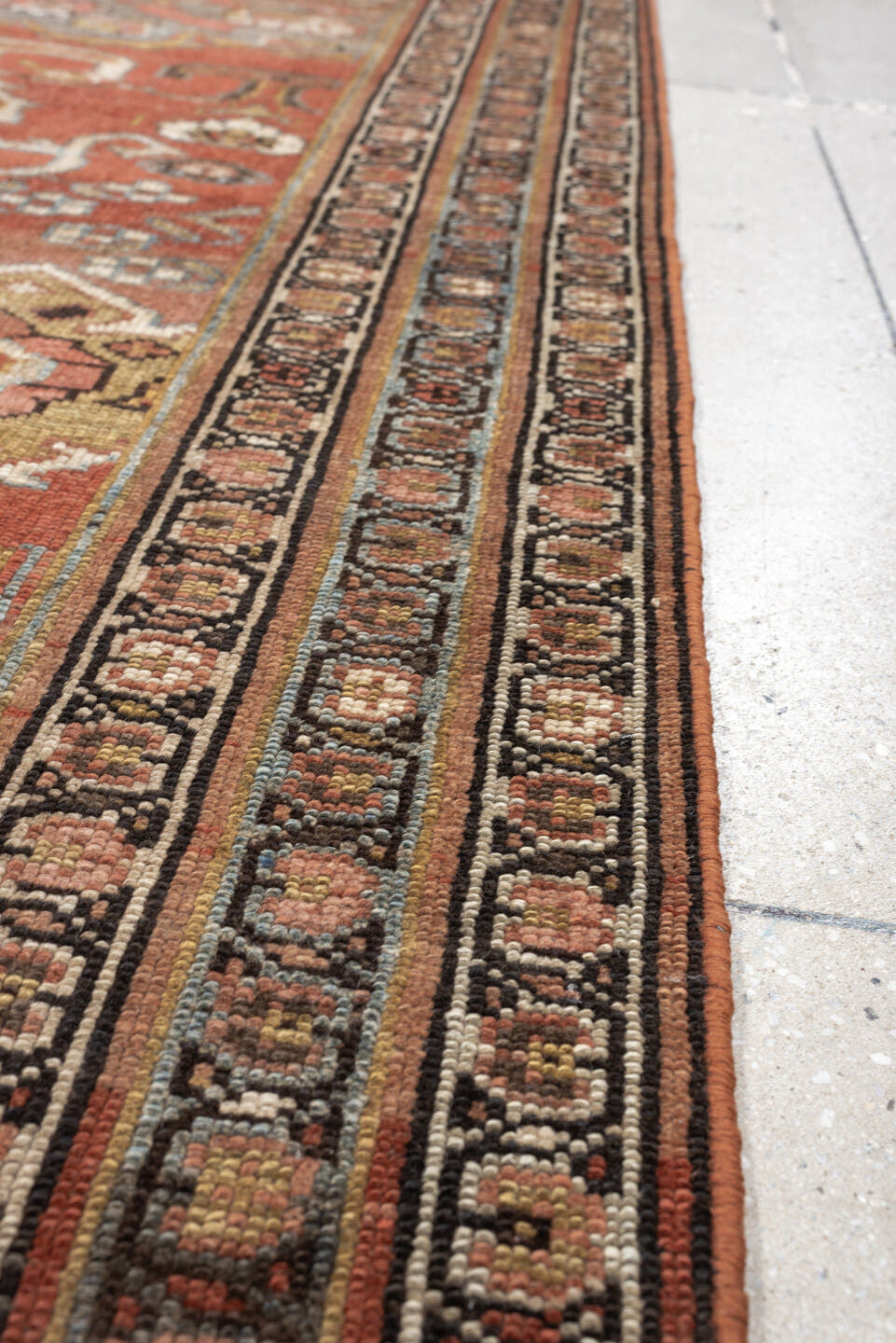3' x 15' one-of-a-kind handmade antique NW Persian runner rug. Color palette: terracotta, ivory, charcoal, slate blue, camel