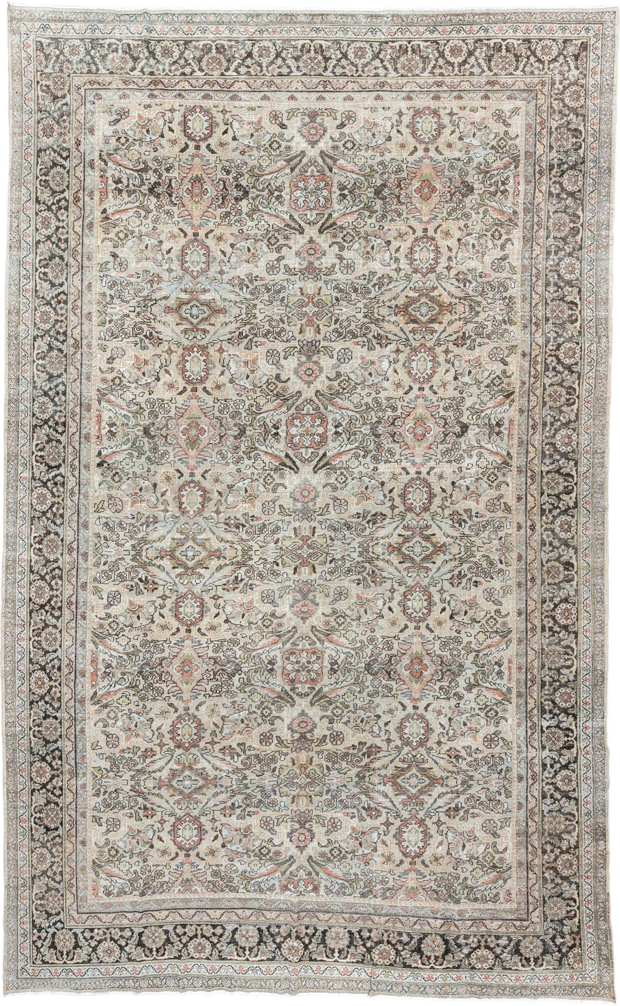 10' x 17' one-of-a-kind handmade antique Mahal oversize rug. Color palette: ivory, charcoal, sage, dusty rose, terracotta