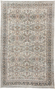 10' x 17' one-of-a-kind handmade antique Mahal oversize rug. Color palette: ivory, charcoal, sage, dusty rose, terracotta