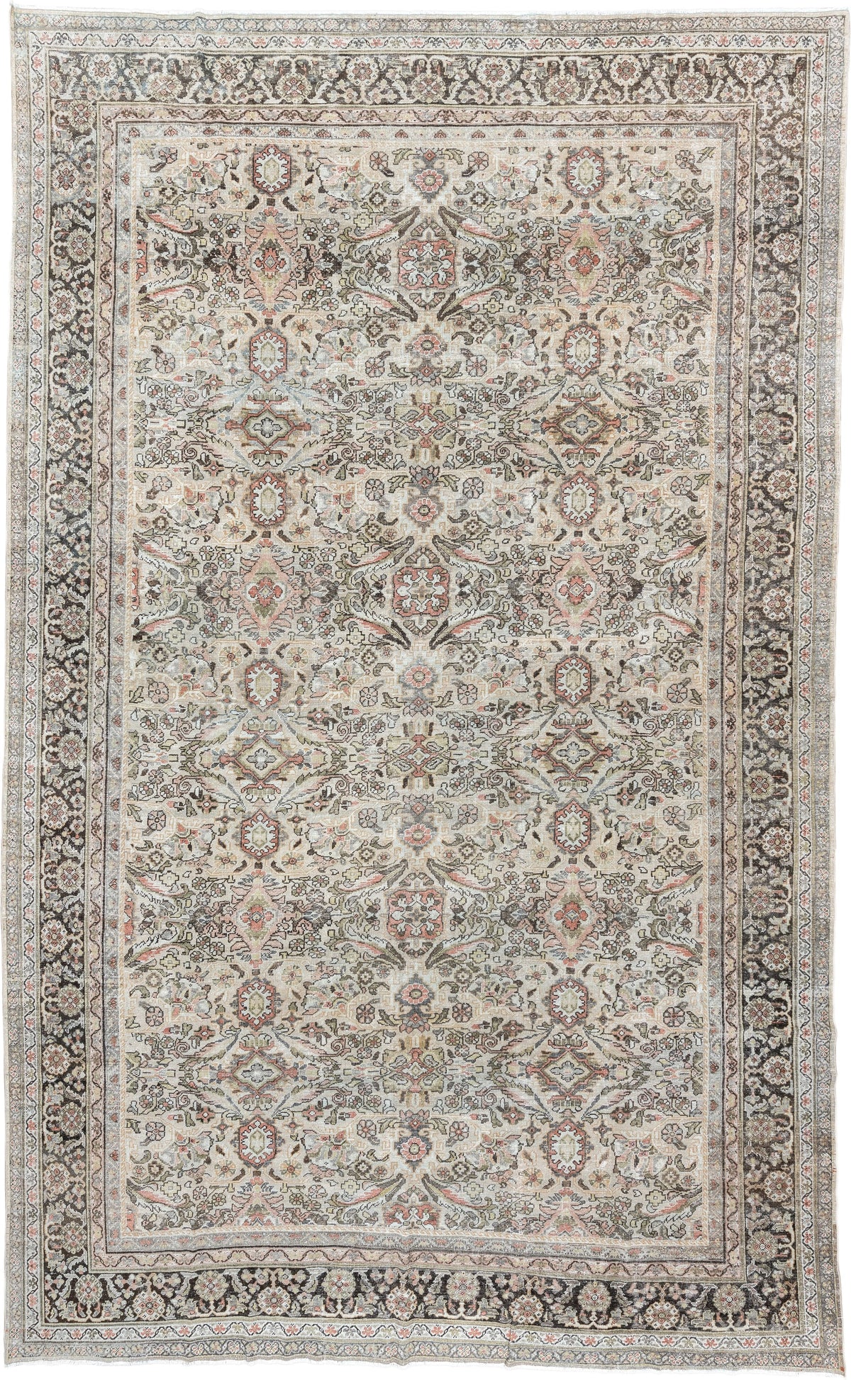 10' x 17' one-of-a-kind handmade antique Mahal oversize rug. Color palette: ivory, charcoal, sage, dusty rose, terracotta