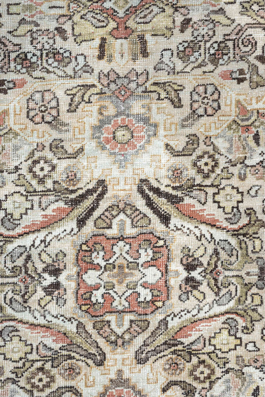10' x 17' one-of-a-kind handmade antique Mahal oversize rug. Color palette: ivory, charcoal, sage, dusty rose, terracotta