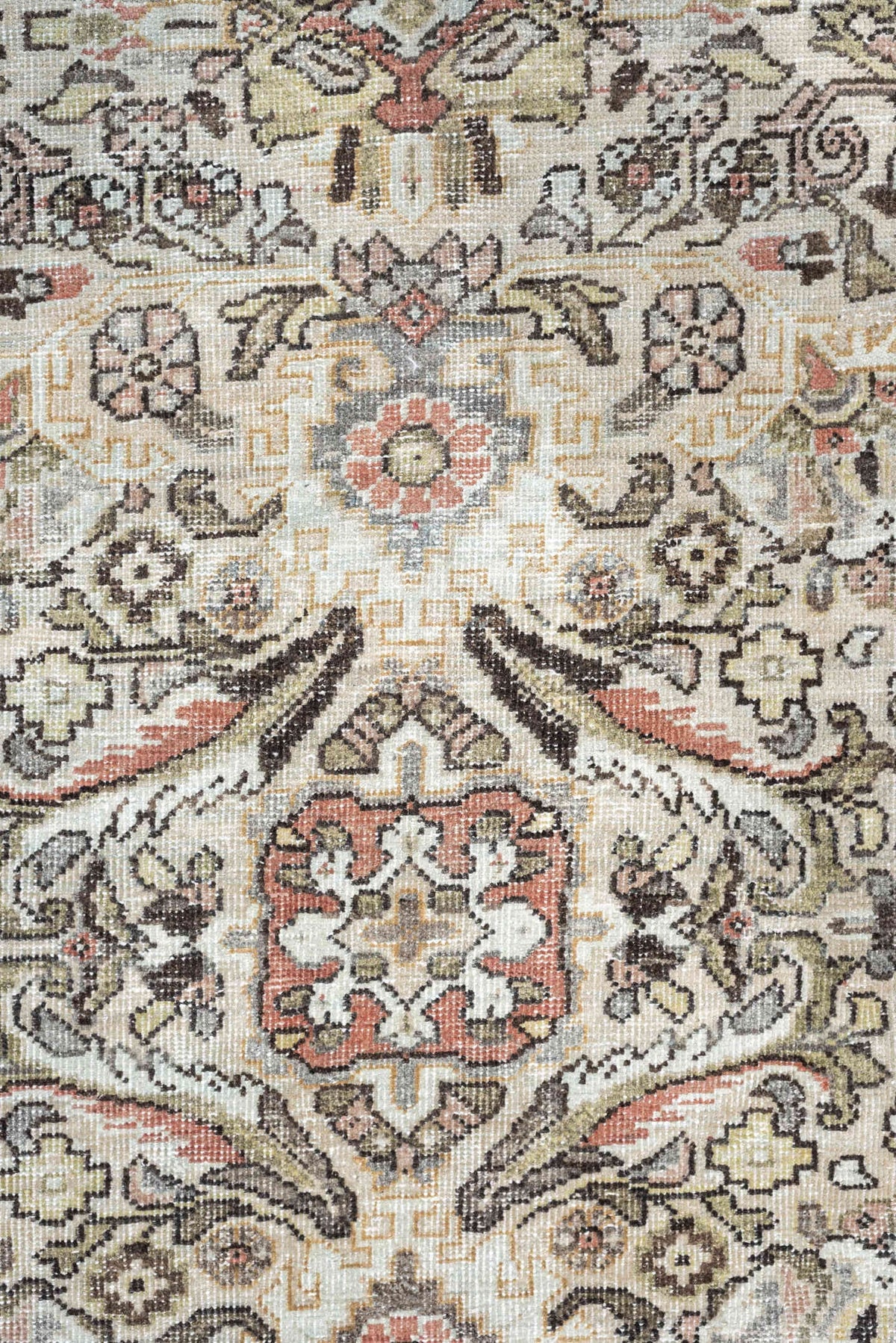 10' x 17' one-of-a-kind handmade antique Mahal oversize rug. Color palette: ivory, charcoal, sage, dusty rose, terracotta