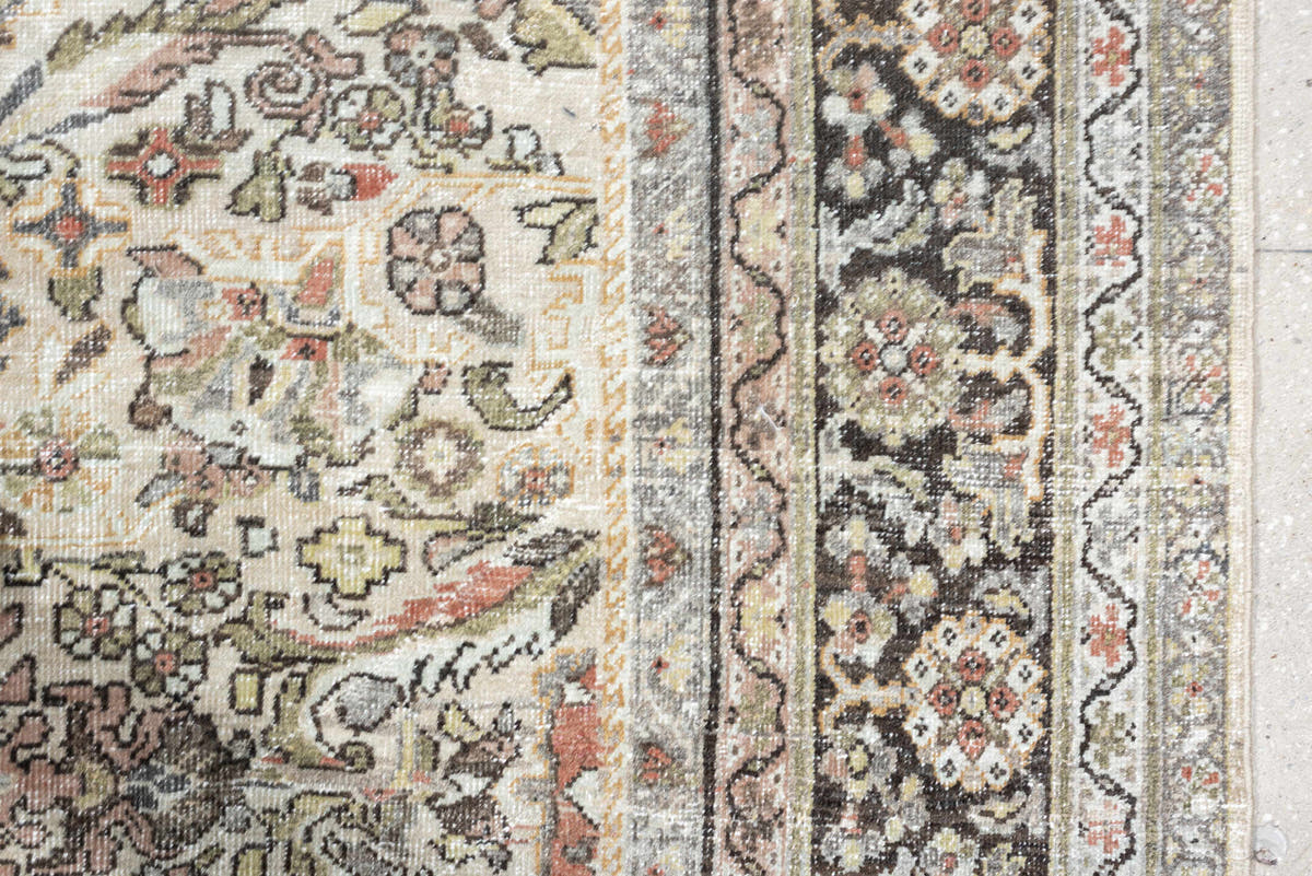 10' x 17' one-of-a-kind handmade antique Mahal oversize rug. Color palette: ivory, charcoal, sage, dusty rose, terracotta