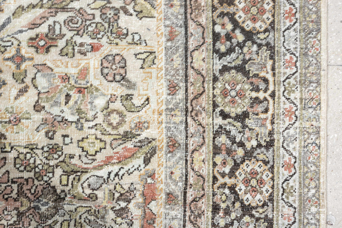 10' x 17' one-of-a-kind handmade antique Mahal oversize rug. Color palette: ivory, charcoal, sage, dusty rose, terracotta