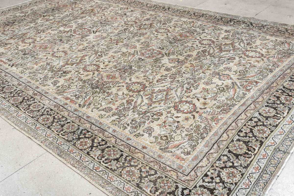 10' x 17' one-of-a-kind handmade antique Mahal oversize rug. Color palette: ivory, charcoal, sage, dusty rose, terracotta