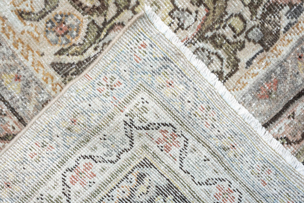 10' x 17' one-of-a-kind handmade antique Mahal oversize rug. Color palette: ivory, charcoal, sage, dusty rose, terracotta