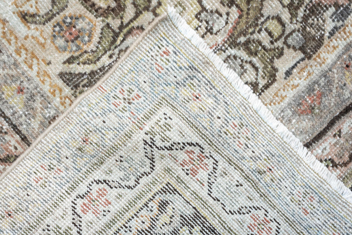 10' x 17' one-of-a-kind handmade antique Mahal oversize rug. Color palette: ivory, charcoal, sage, dusty rose, terracotta