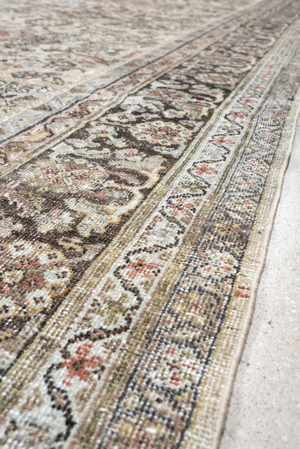 10' x 17' one-of-a-kind handmade antique Mahal oversize rug. Color palette: ivory, charcoal, sage, dusty rose, terracotta