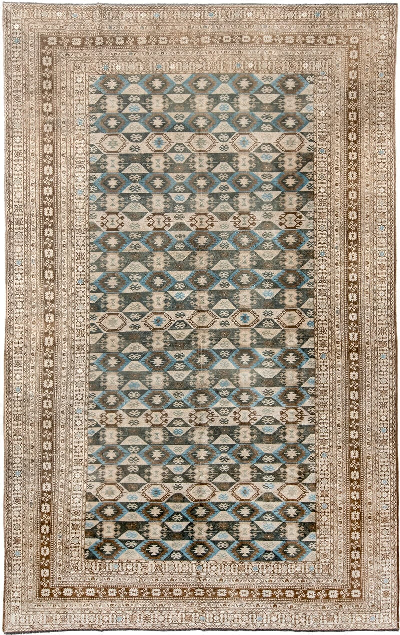 9' x 15' one-of-a-kind handmade vintage Afghan rug. Color palette: ivory, taupe, brown, sky_blue, charcoal, camel, beige
