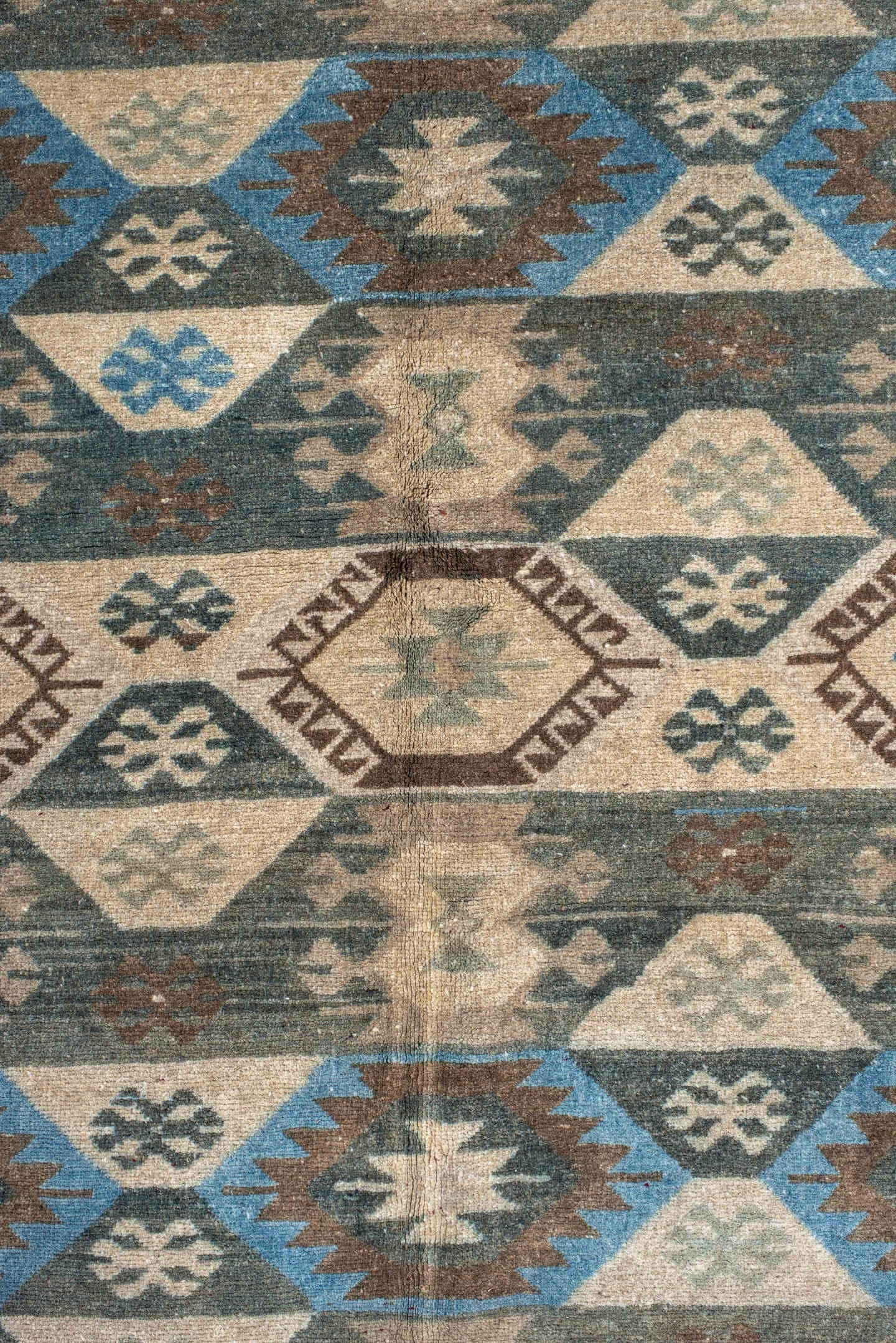 9' x 15' one-of-a-kind handmade vintage Afghan rug. Color palette: ivory, taupe, brown, sky_blue, charcoal, camel, beige