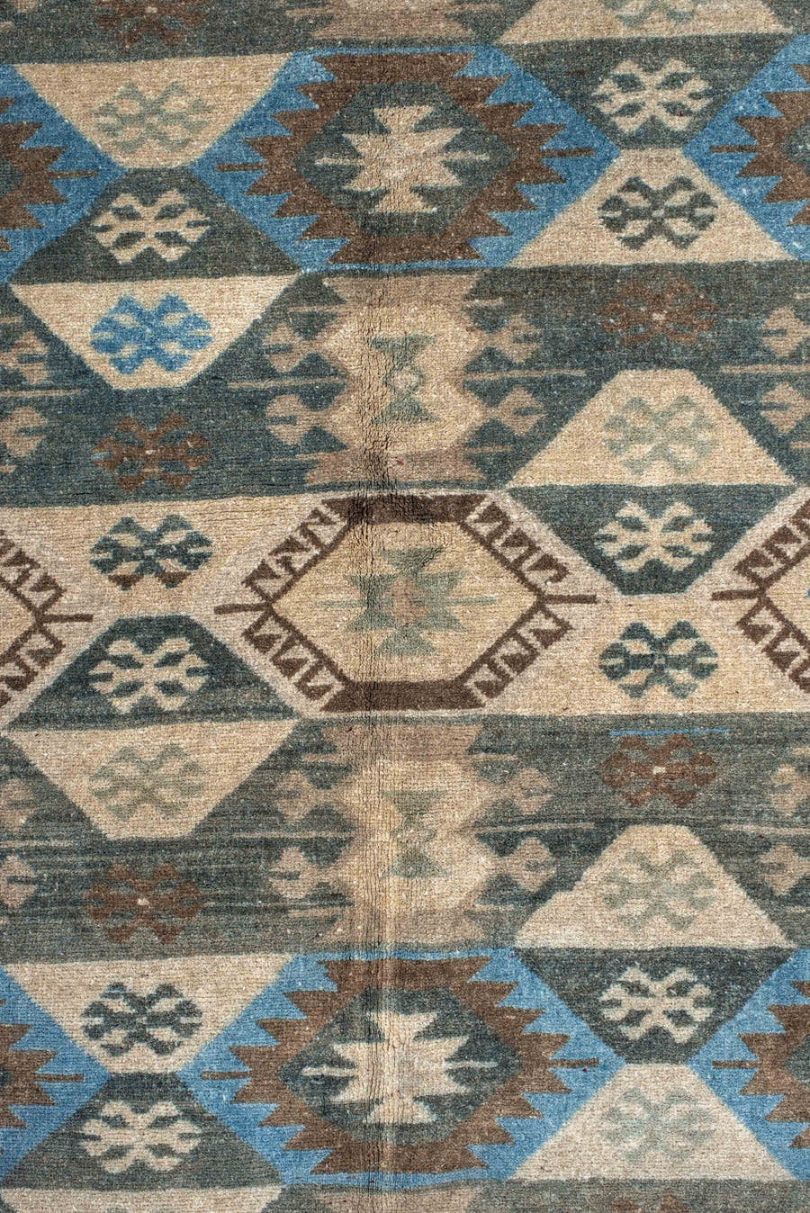 9' x 15' one-of-a-kind handmade vintage Afghan rug. Color palette: ivory, taupe, brown, sky_blue, charcoal, camel, beige