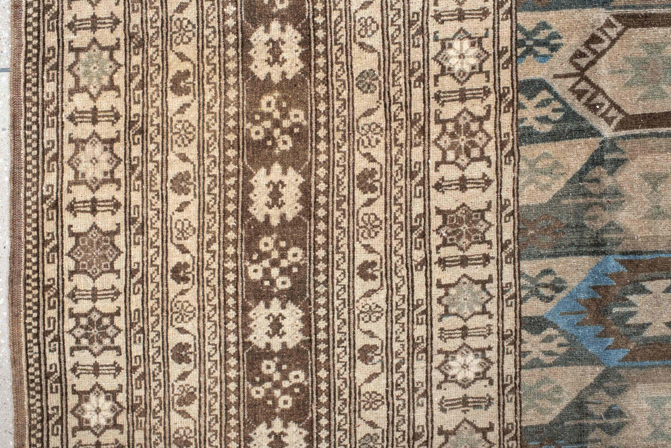 9' x 15' one-of-a-kind handmade vintage Afghan rug. Color palette: black, blue, brown, dim gray, gray, light gray, off-white