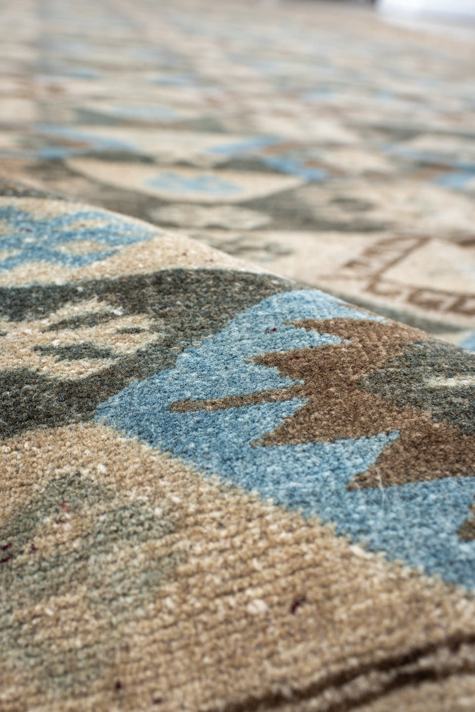 9' x 15' one-of-a-kind handmade vintage Afghan rug. Color palette: ivory, taupe, brown, sky_blue, charcoal, camel, beige