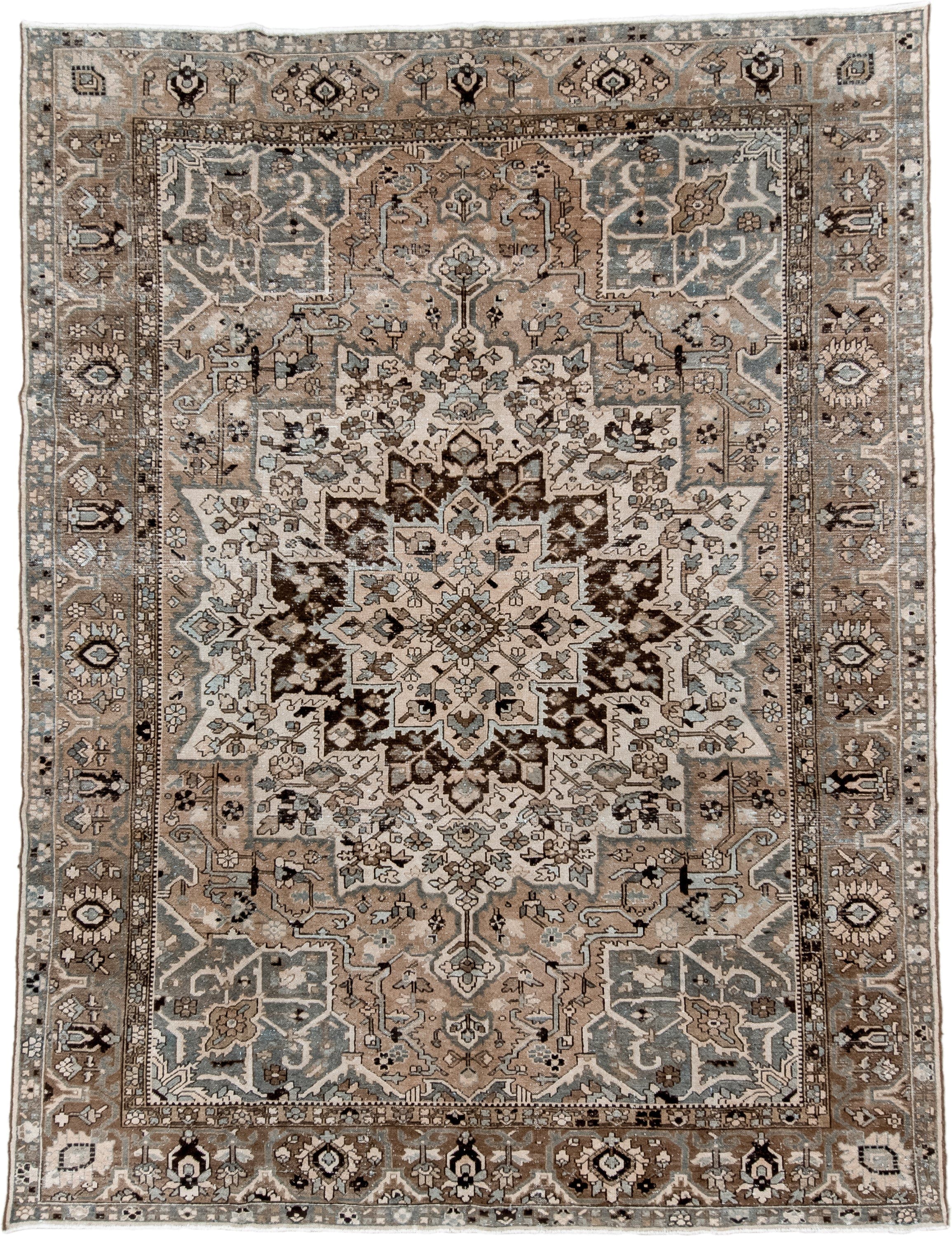 9' x 12' one-of-a-kind handmade vintage Baktiary large size rug. Color palette: taupe, ivory, slate, brown, charcoal, beige