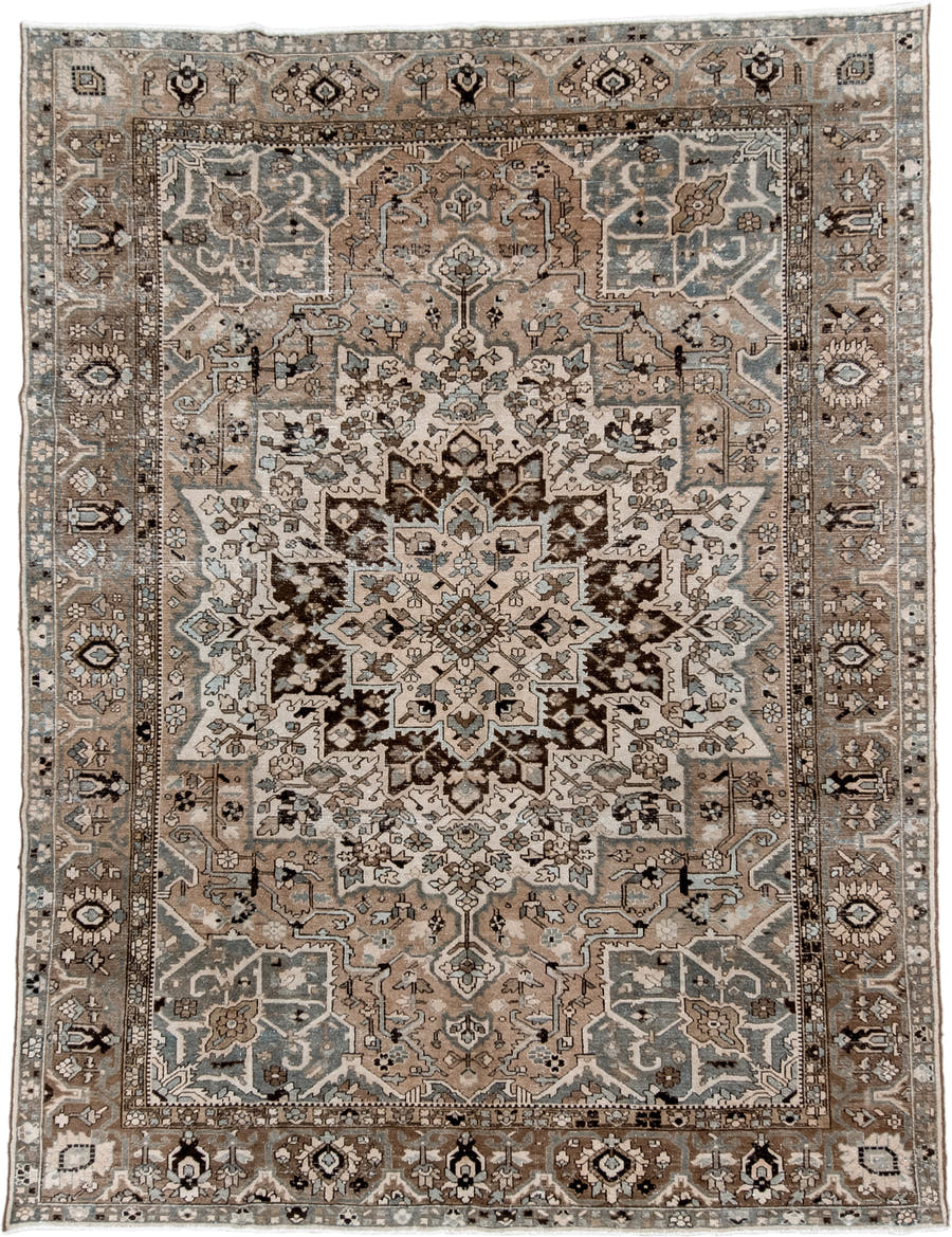 9' x 12' one-of-a-kind handmade vintage Baktiary large size rug. Color palette: taupe, ivory, slate, brown, charcoal, beige