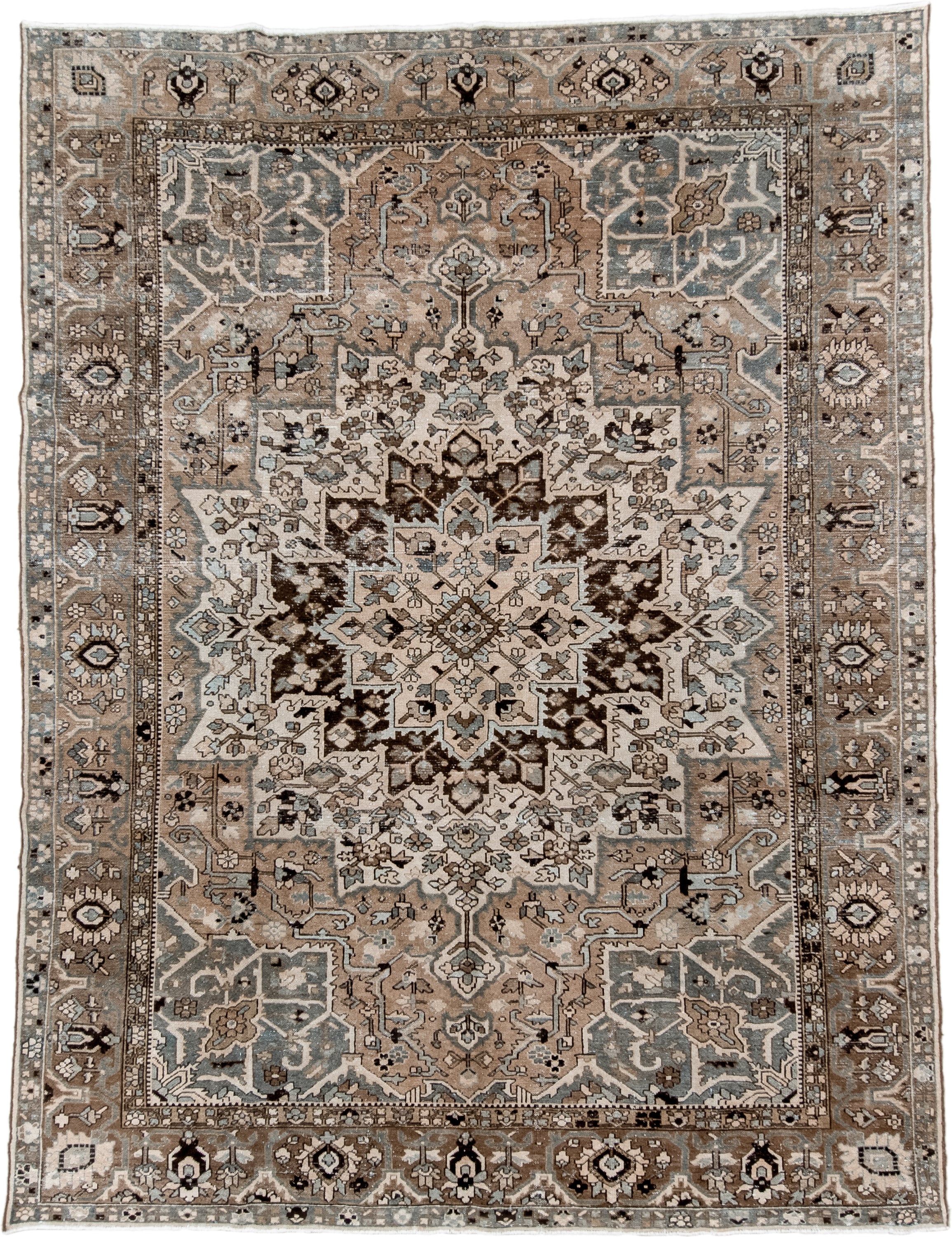 9' x 12' one-of-a-kind handmade vintage Baktiary large size rug. Color palette: taupe, ivory, slate, brown, charcoal, beige