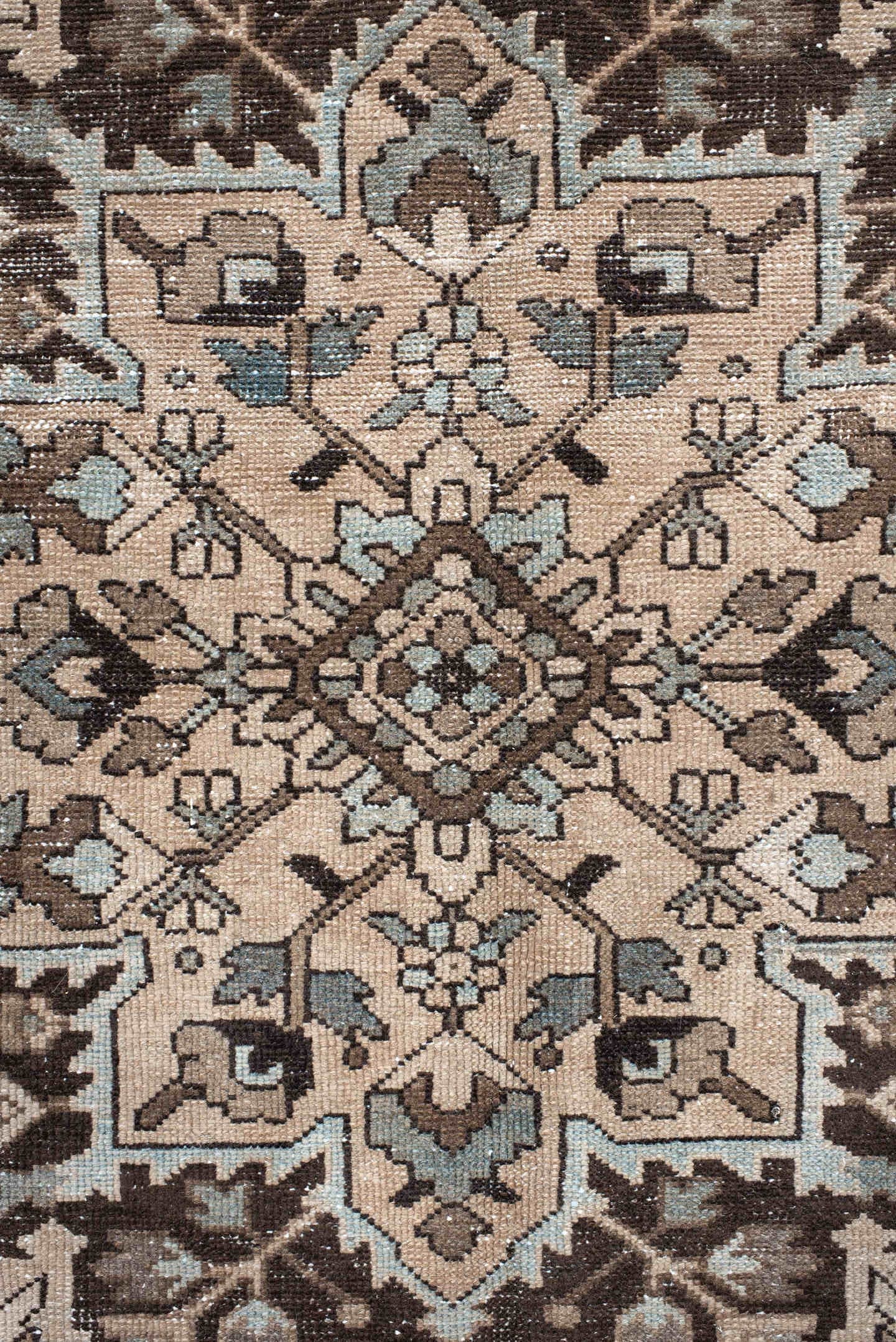 9' x 12' one-of-a-kind handmade vintage Baktiary large size rug. Color palette: taupe, ivory, slate, brown, charcoal, beige