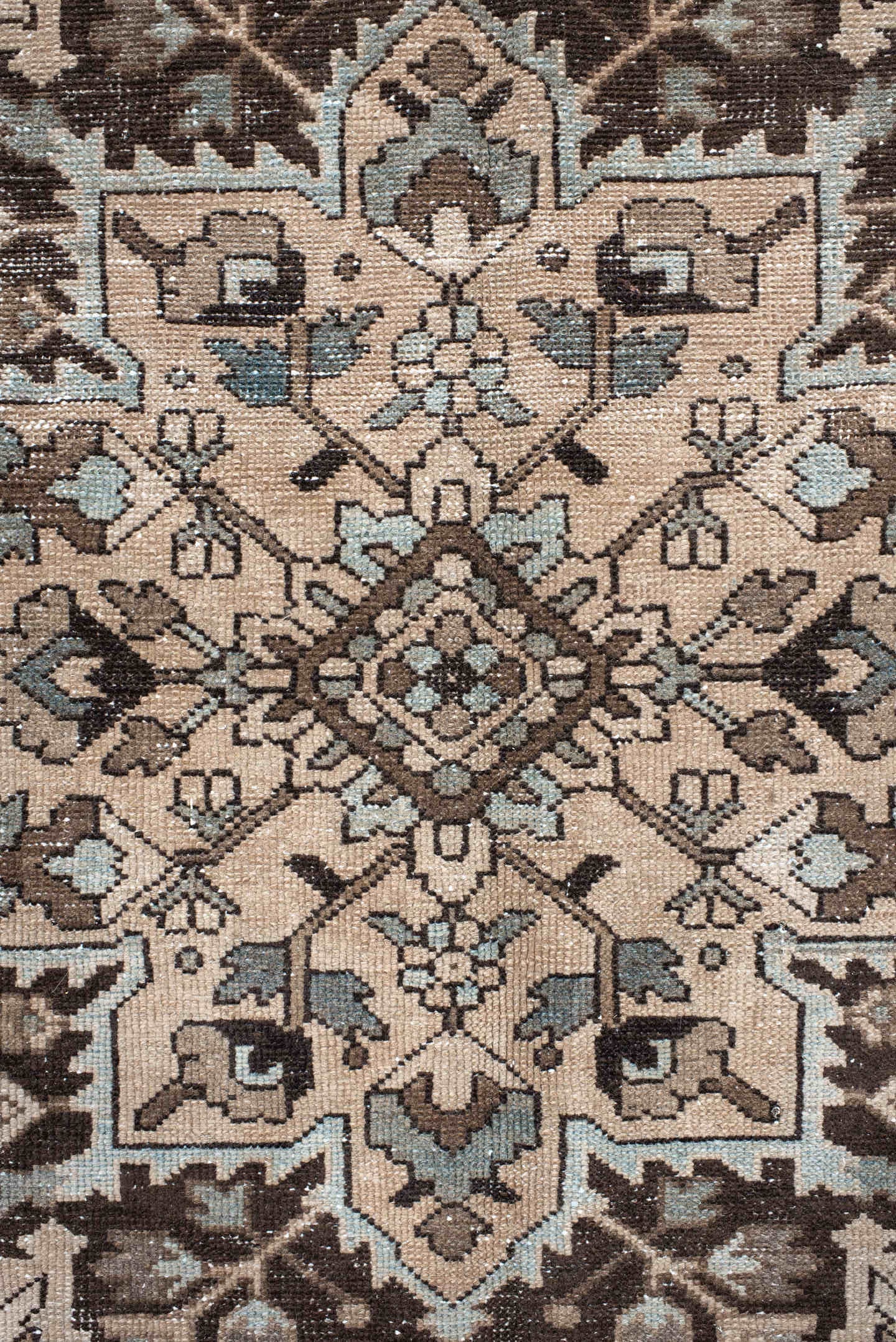 9' x 12' one-of-a-kind handmade vintage Baktiary large size rug. Color palette: taupe, ivory, slate, brown, charcoal, beige