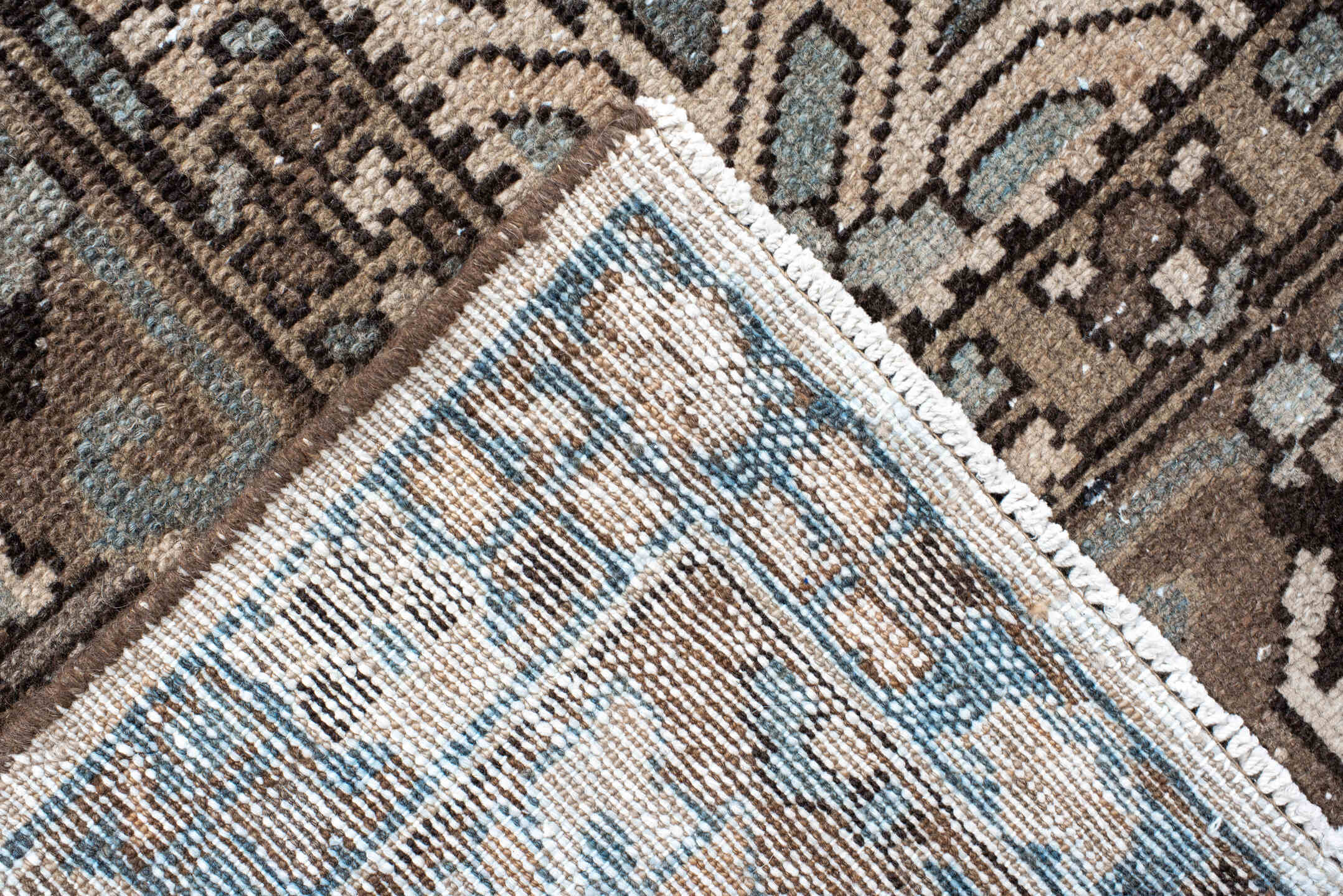 9' x 12' one-of-a-kind handmade vintage Baktiary large size rug. Color palette: taupe, ivory, slate, brown, charcoal, beige