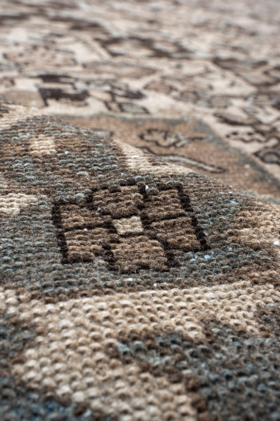 9' x 12' one-of-a-kind handmade vintage Baktiary large size rug. Color palette: taupe, ivory, slate, brown, charcoal, beige