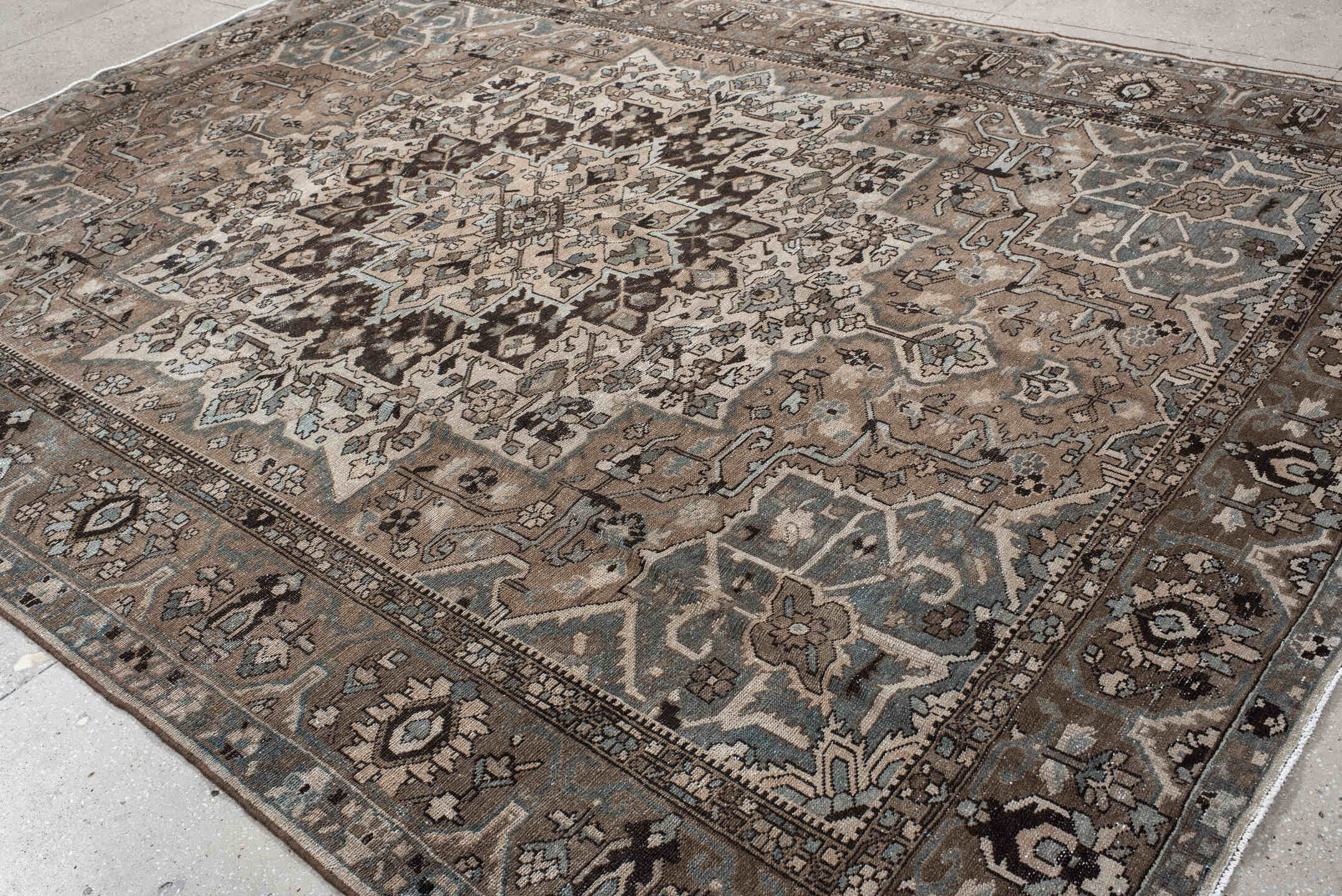 9' x 12' one-of-a-kind handmade vintage Baktiary large size rug. Color palette: taupe, ivory, slate, brown, charcoal, beige