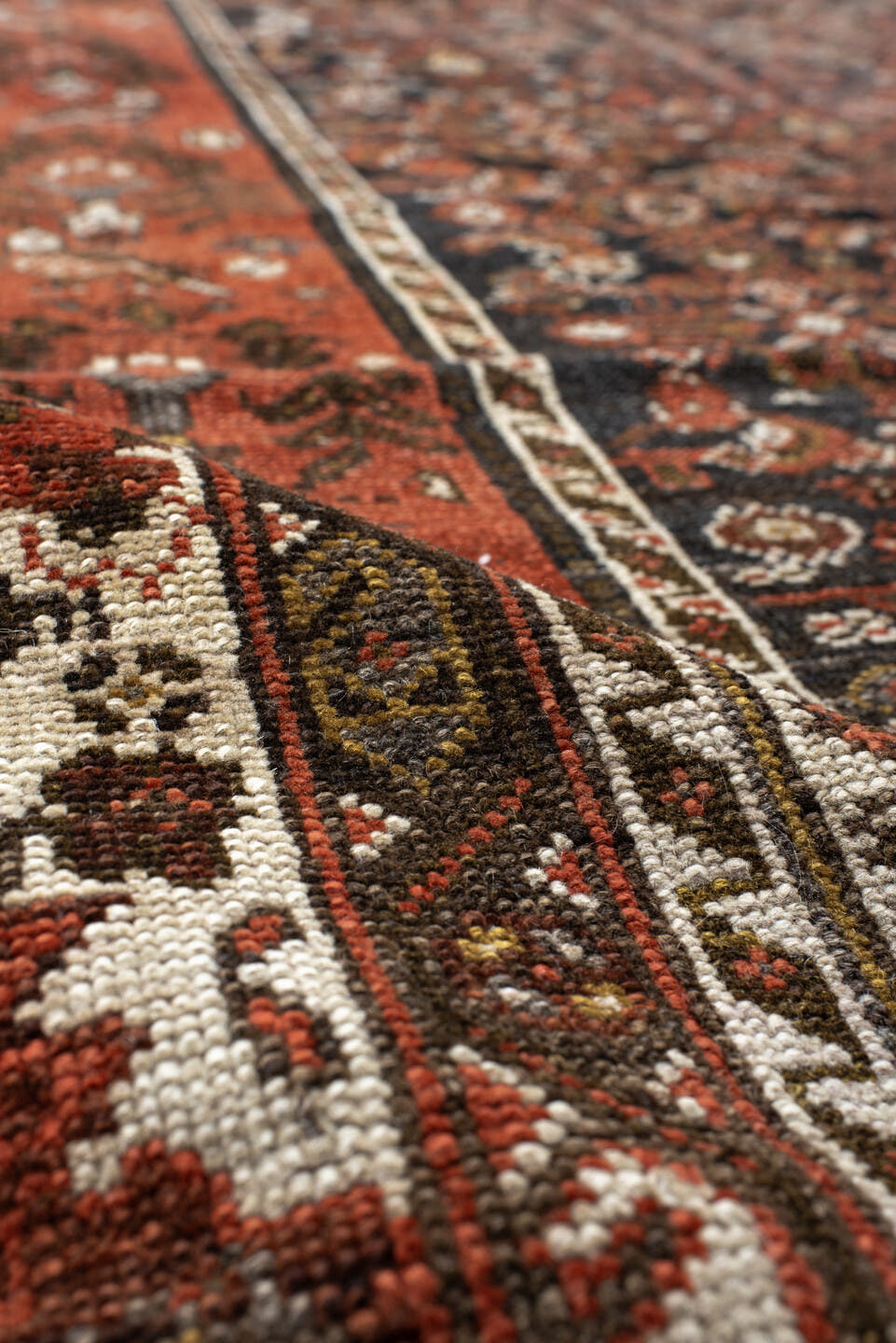 5' x 10' one-of-a-kind handmade vintage NW Persian medium size rug. Color palette: ivory, rust, brown, terra cotta, charcoal