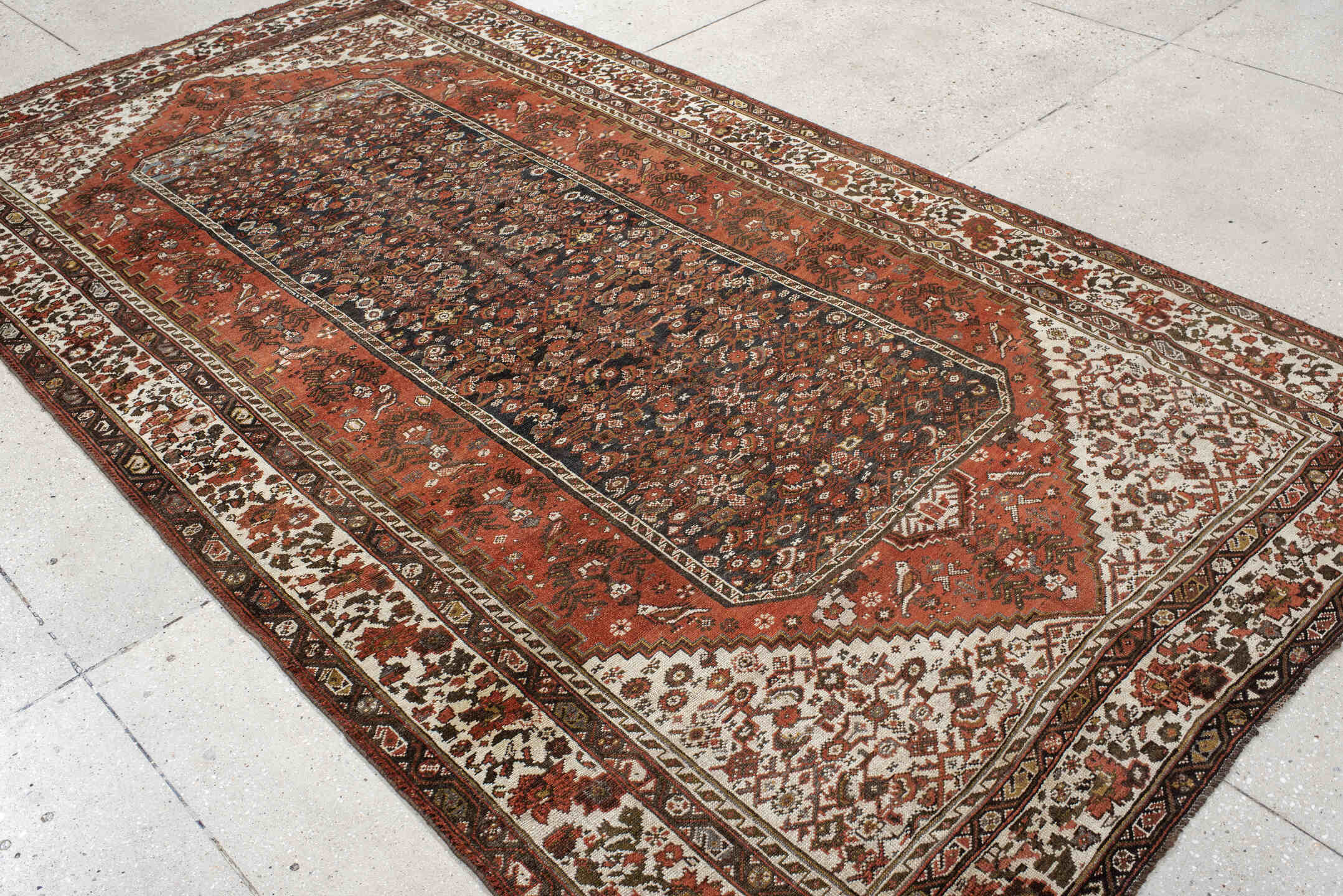 5' x 10' one-of-a-kind handmade vintage NW Persian medium size rug. Color palette: ivory, rust, brown, terra cotta, charcoal