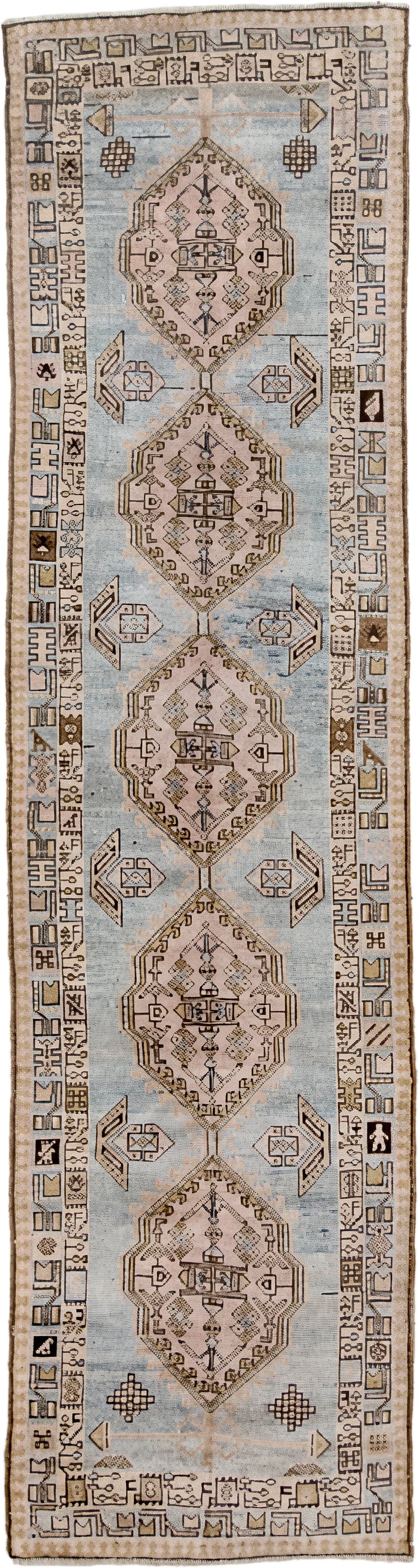 3' x 11' one-of-a-kind handmade vintage Anatolian runner rug. Color palette: ivory, sky blue, taupe, brown, camel, charcoal