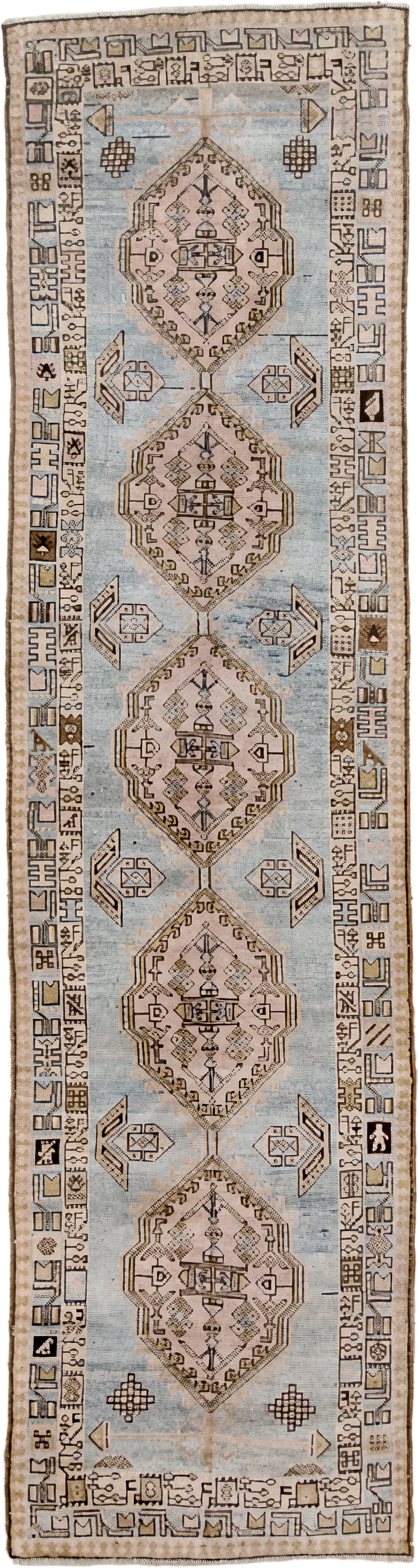 3' x 11' one-of-a-kind handmade vintage Anatolian runner rug. Color palette: ivory, sky blue, taupe, brown, camel, charcoal