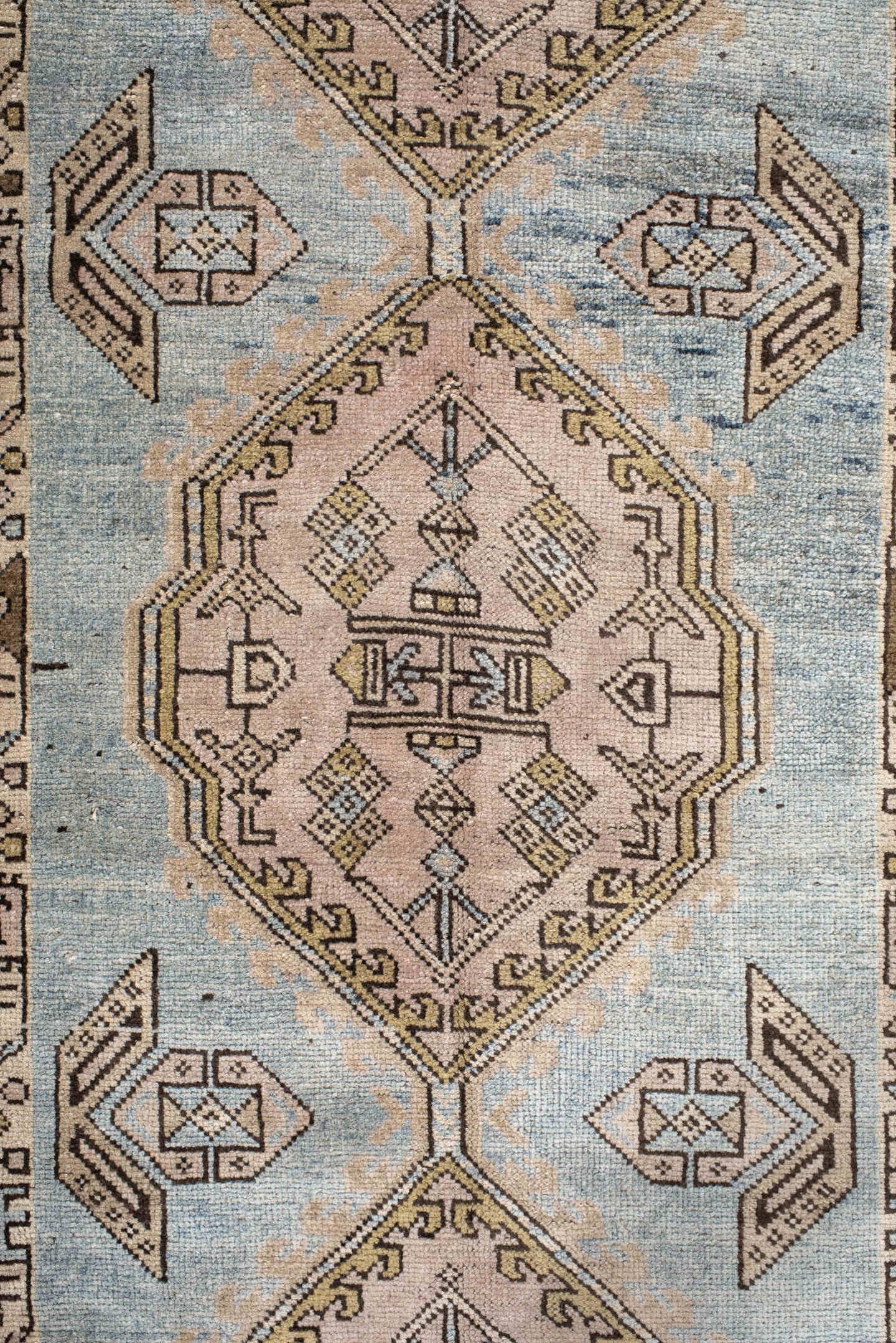 3' x 11' one-of-a-kind handmade vintage Anatolian runner rug. Color palette: ivory, sky blue, taupe, brown, camel, charcoal