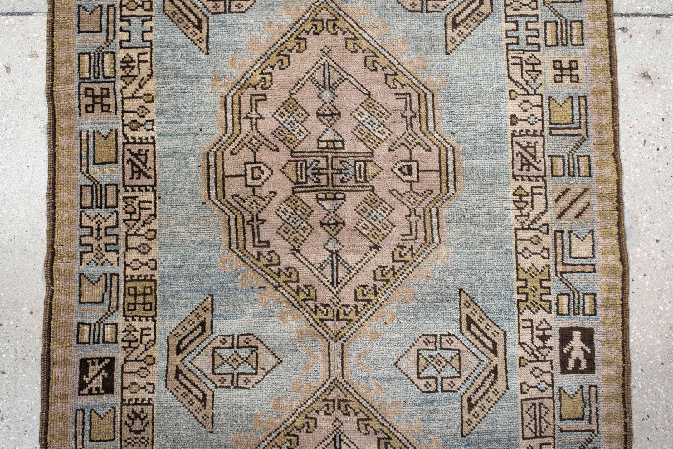 3' x 11' one-of-a-kind handmade vintage Anatolian runner rug. Color palette: ivory, sky blue, taupe, brown, camel, charcoal