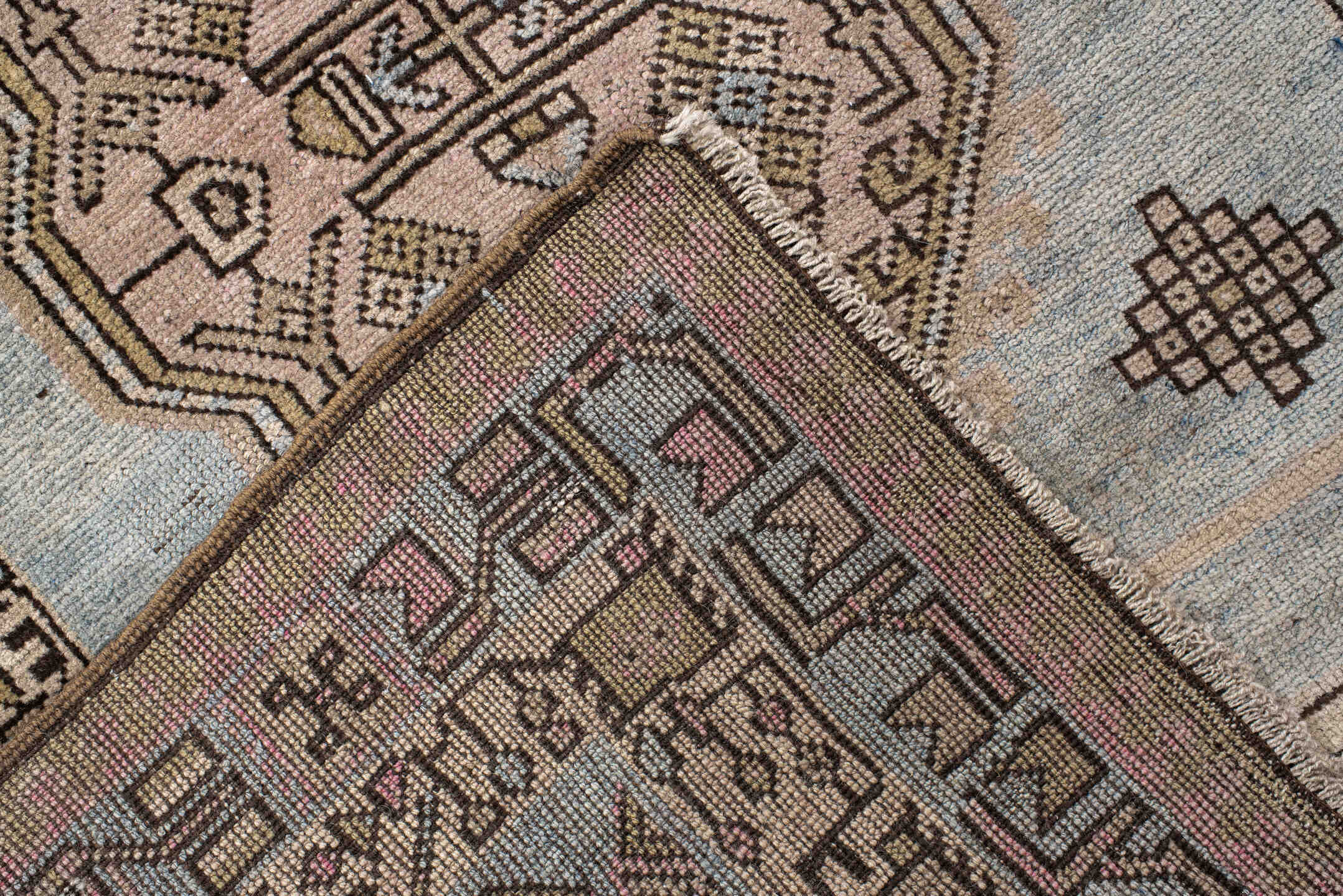 3' x 11' one-of-a-kind handmade vintage Anatolian runner rug. Color palette: ivory, sky blue, taupe, brown, camel, charcoal