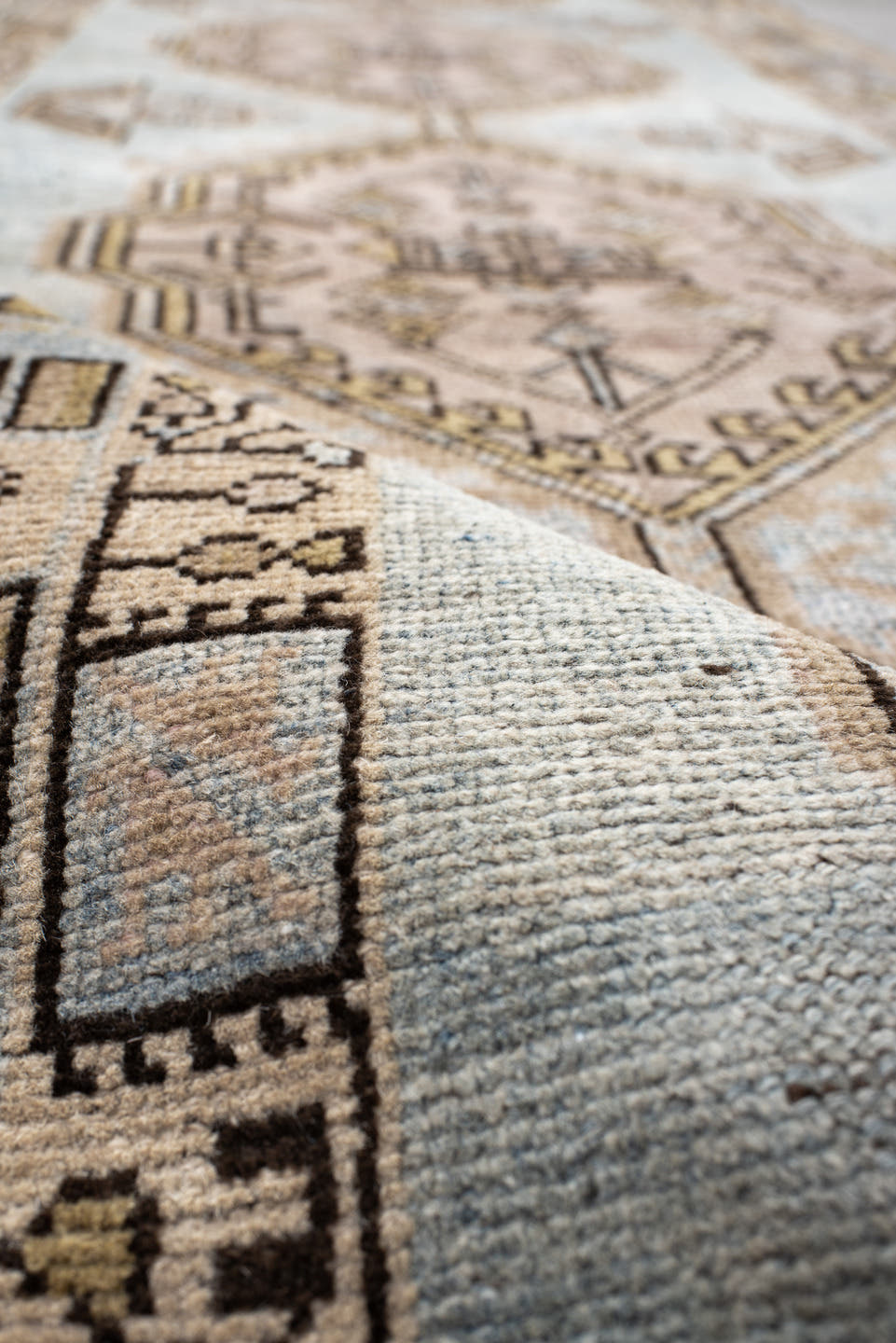 3' x 11' one-of-a-kind handmade vintage Anatolian runner rug. Color palette: ivory, sky blue, taupe, brown, camel, charcoal
