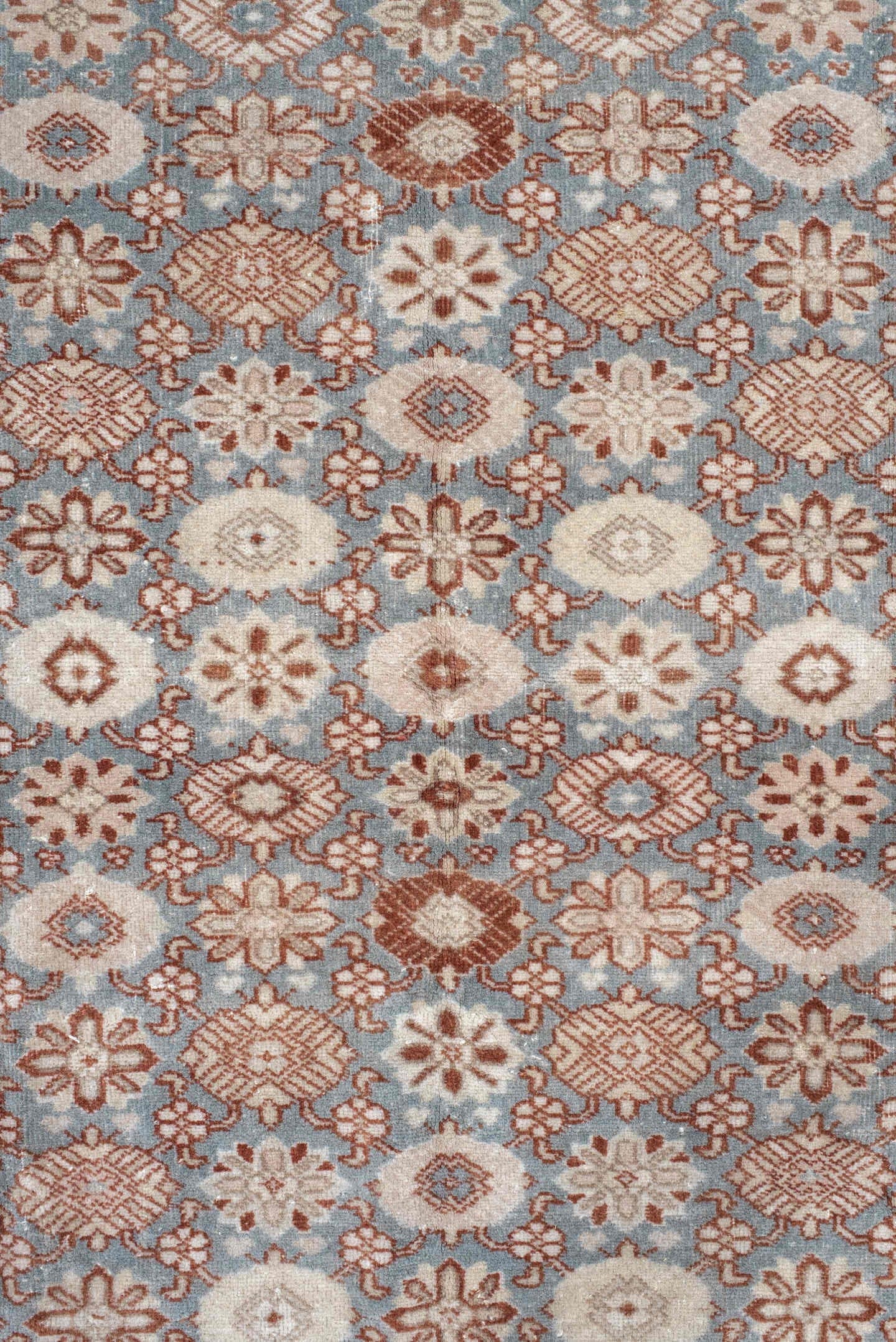 6' x 8' one-of-a-kind handmade vintage Anatolian medium size rug. Color palette: ivory, blue, rust, rose, taupe, camel