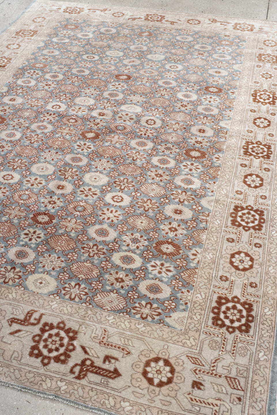 6' x 8' one-of-a-kind handmade vintage Anatol medium size rug. Color palette: brown, dim gray, gray, light gray, off-white