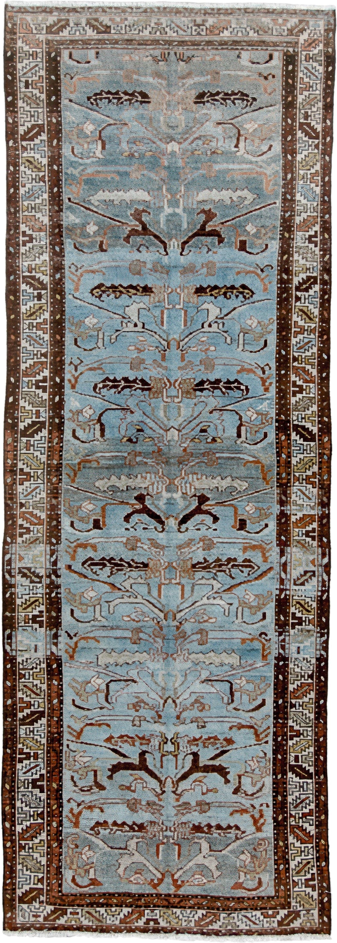 3' x 10' one-of-a-kind handmade vintage Malayer runner rug. Color palette: light blue, ivory, brown, taupe, camel, charcoal