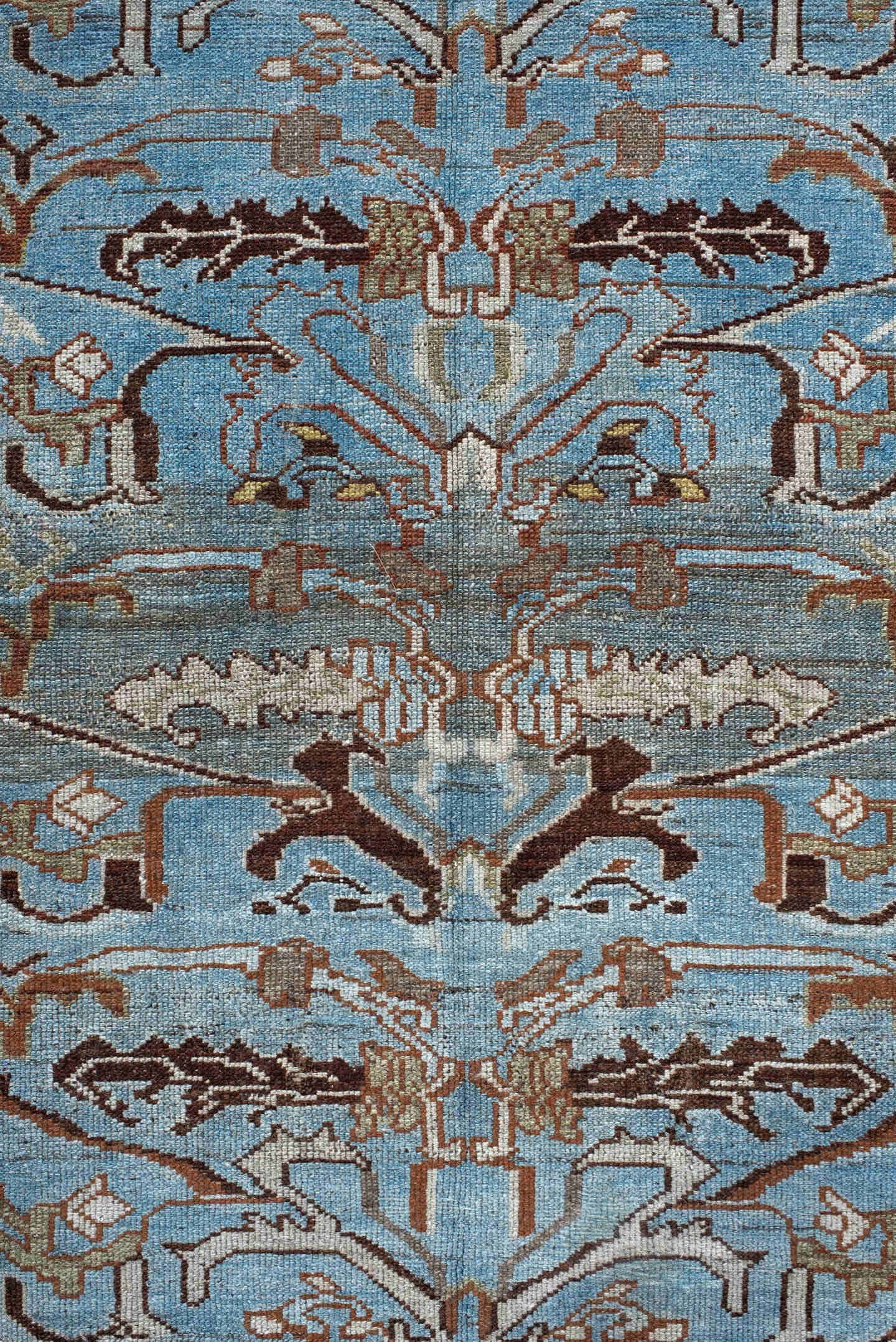 3' x 10' one-of-a-kind handmade vintage Malayer runner rug. Color palette: light blue, ivory, brown, taupe, camel, charcoal
