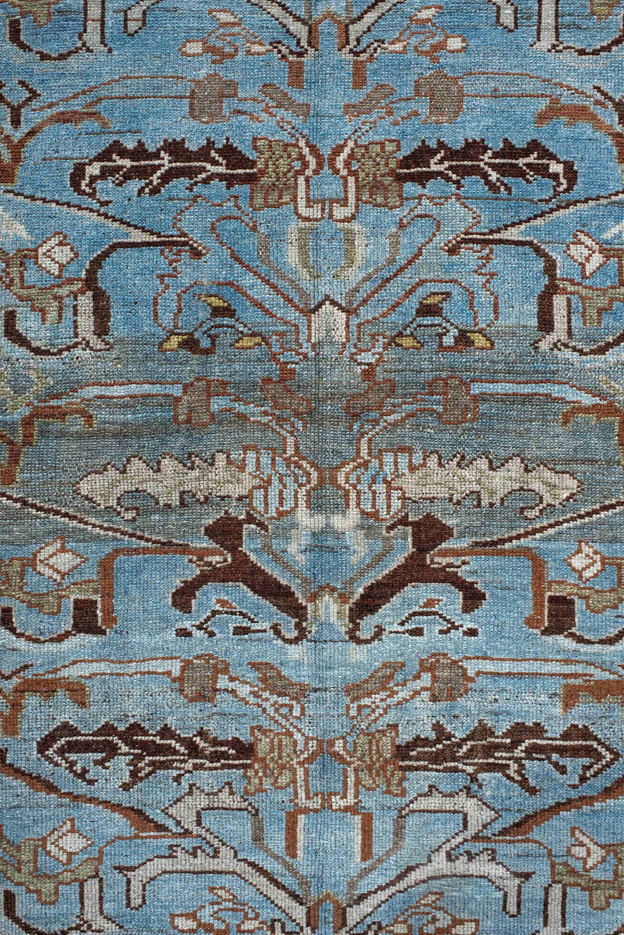 3' x 10' one-of-a-kind handmade vintage Malayer runner rug. Color palette: light blue, ivory, brown, taupe, camel, charcoal