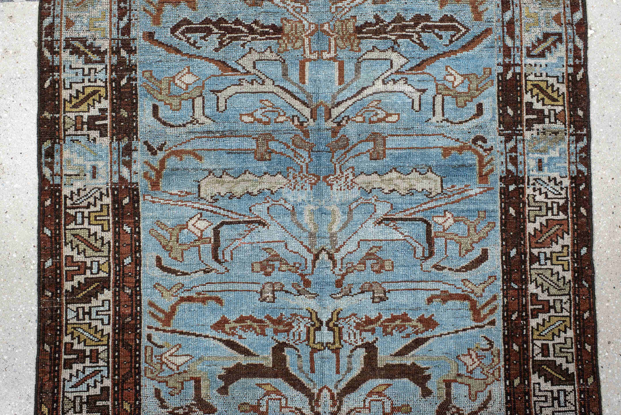 3' x 10' one-of-a-kind handmade vintage Malayer runner rug. Color palette: light blue, ivory, brown, taupe, camel, charcoal