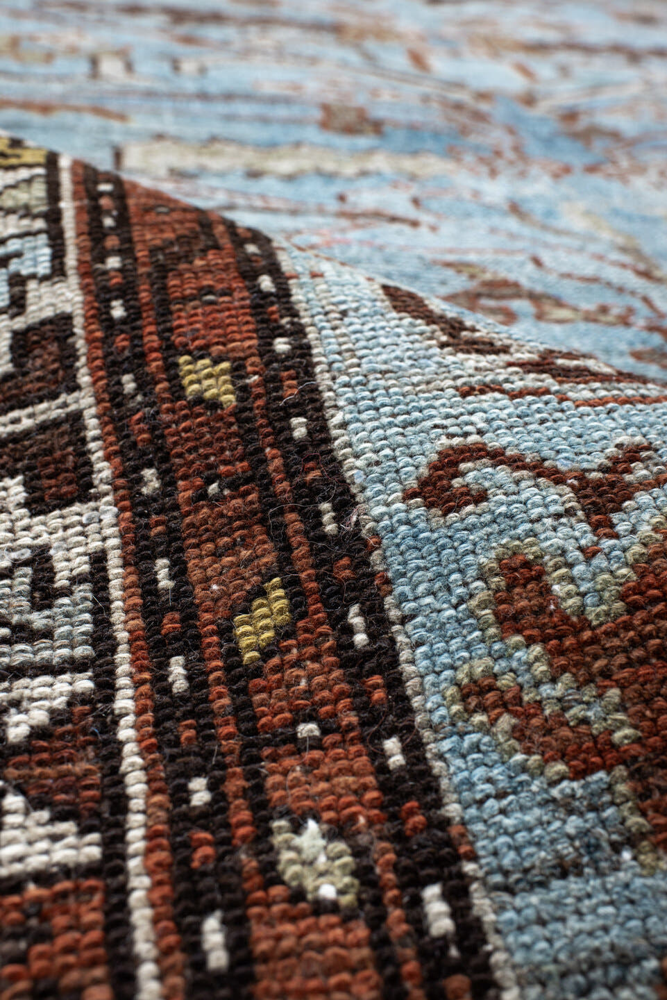 3' x 10' one-of-a-kind handmade vintage Malayer runner rug. Color palette: light blue, ivory, brown, taupe, camel, charcoal