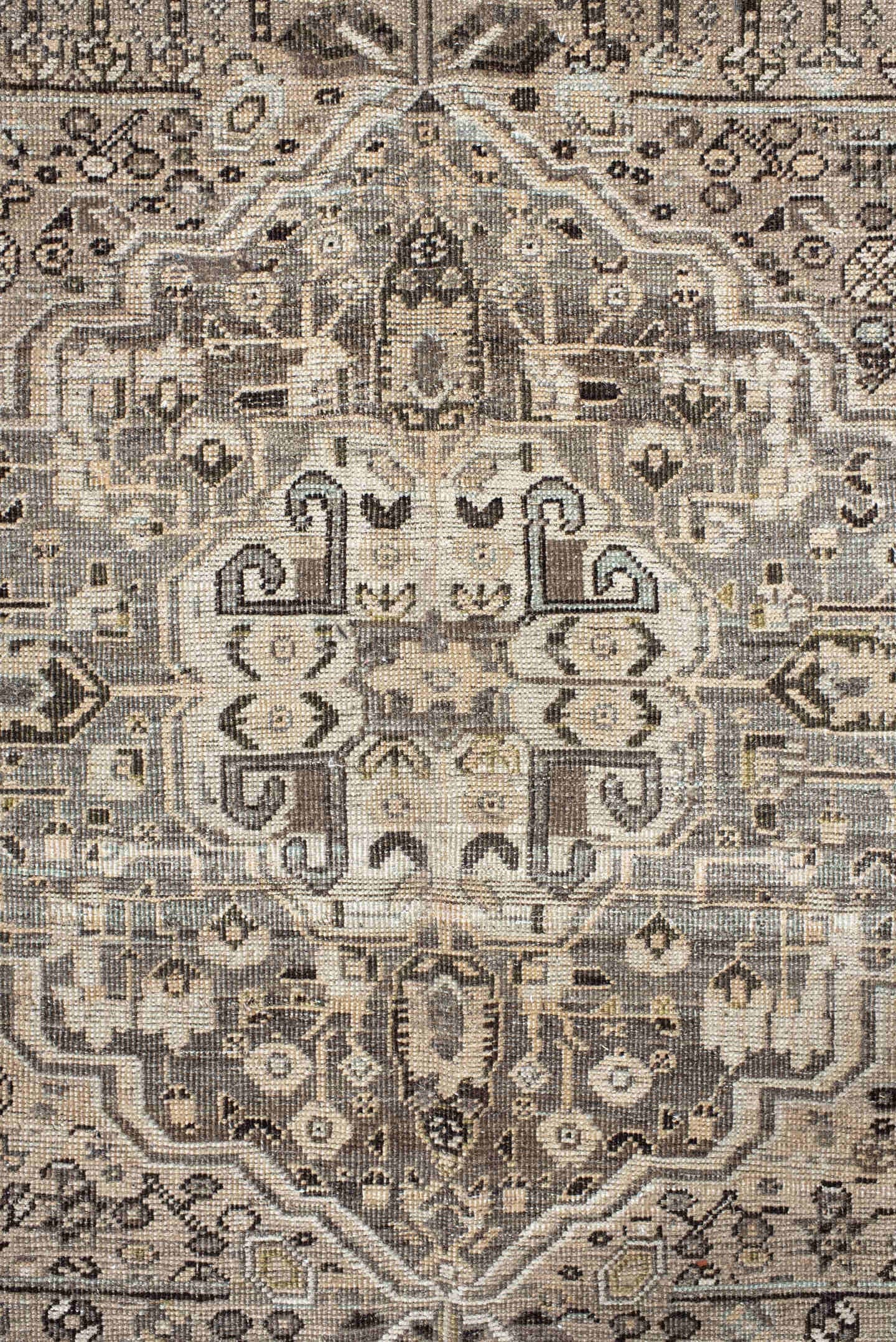 6' x 9' one-of-a-kind handmade vintage Shiraz medium size rug. Color palette: taupe, charcoal, ivory, brown, slate, cream